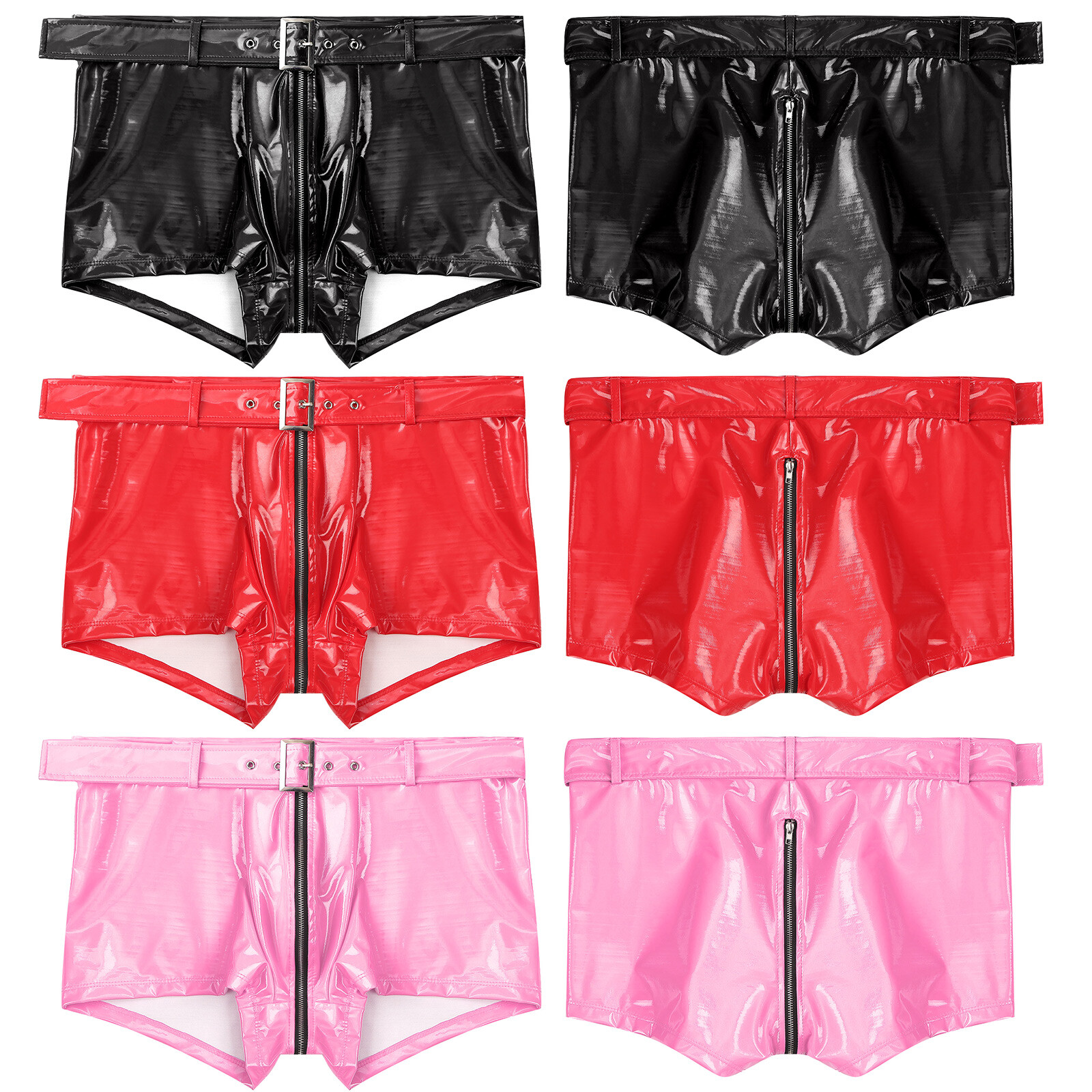US Men’s Wet Look Latex PVC Leather Shorts Zipper Crotch Boxer Brief Clubwear