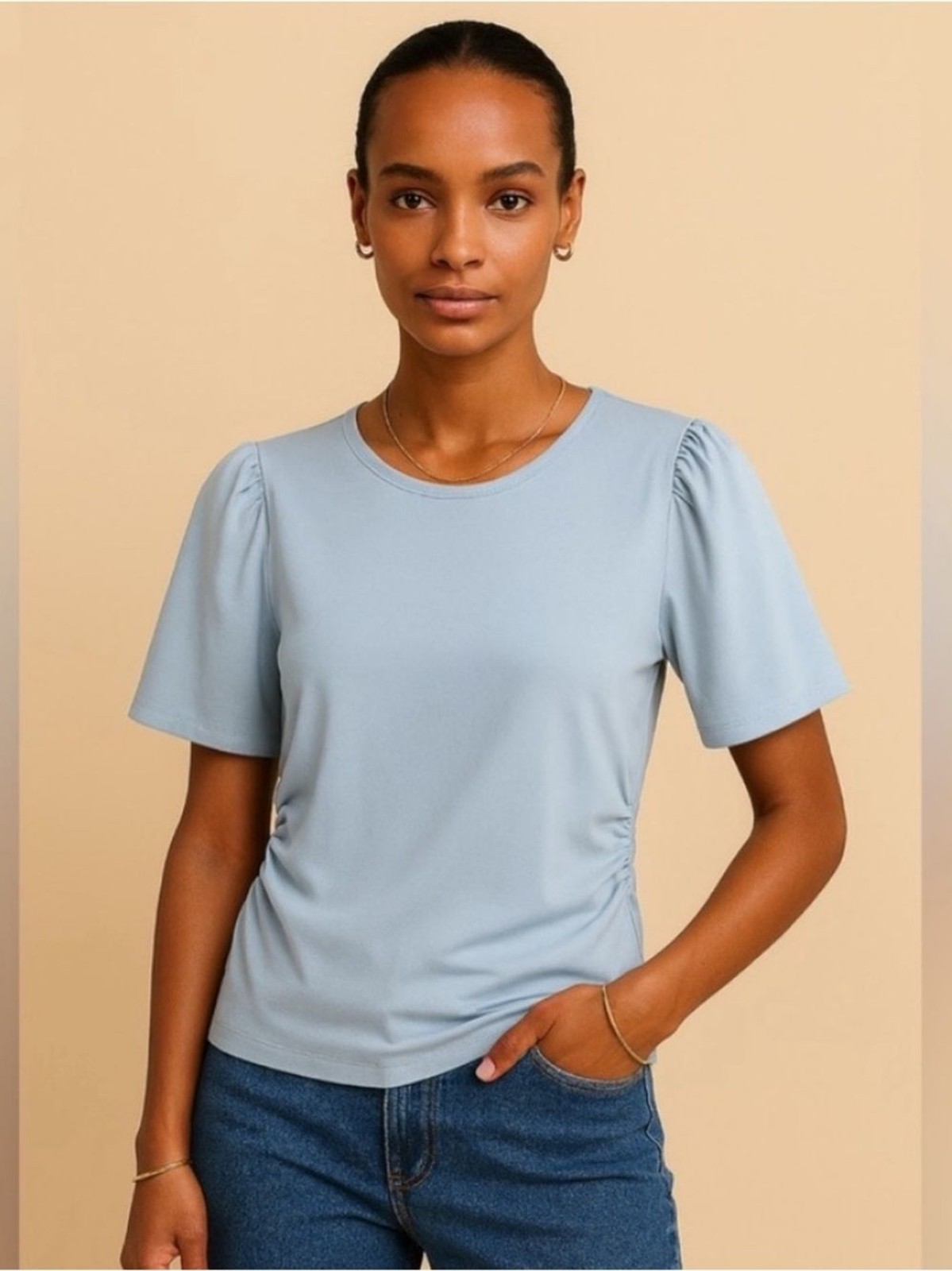 Madewell NWT Side Cinch Puff Sleeve Tee Size Medium in Feather Blue