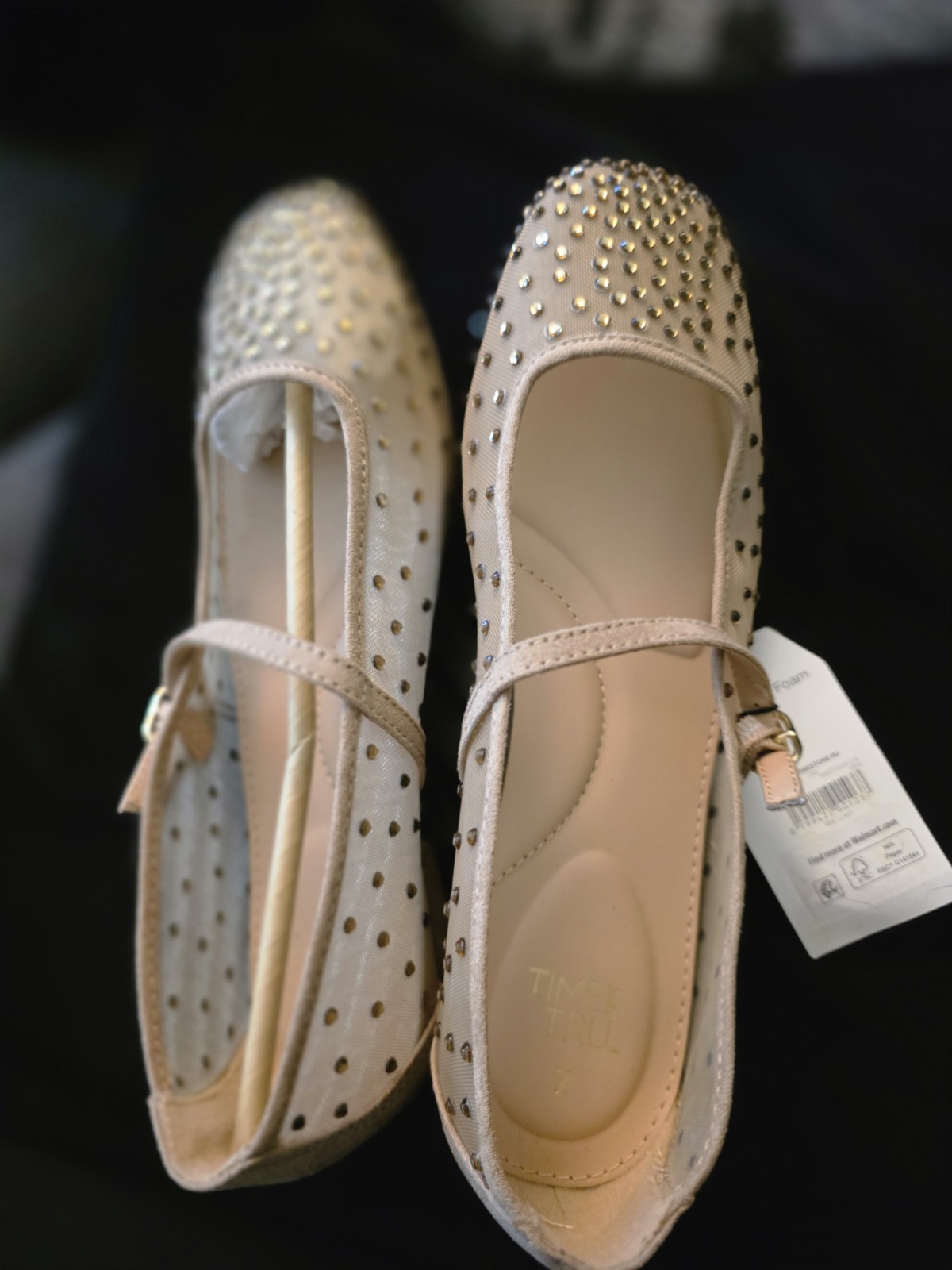 Time And Tru Mary Jane Flats Beige Rhinestone Memory Foam Adjustable Strap 7