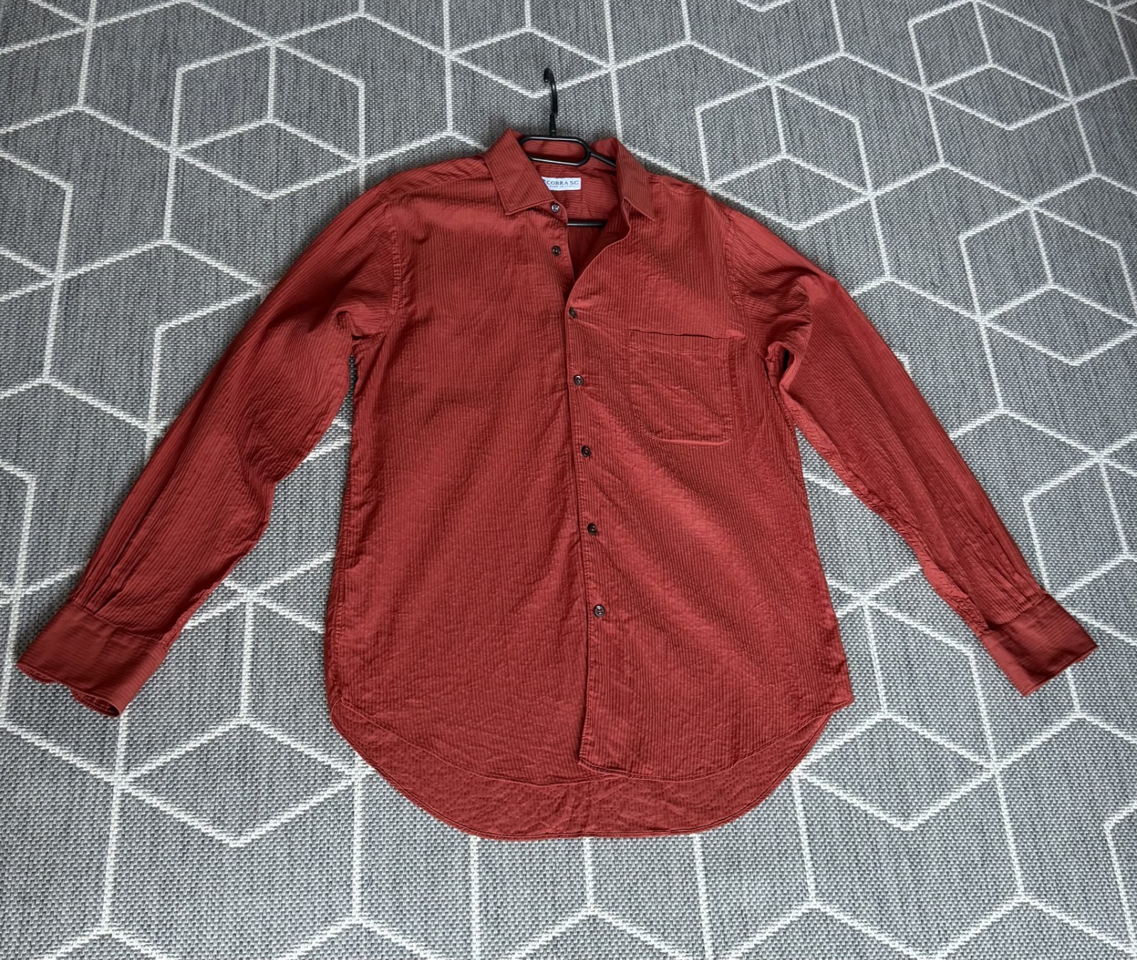 COBRA S.C. Men’s Rust Red Textured 100% Cotton Long Sleeve Shirt – Made in Italy