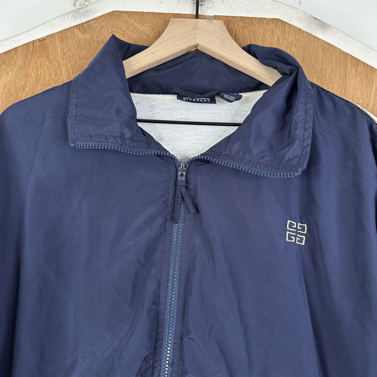 VTG Givenchy Jacket Mens Large Navy Blue Tan Polyester Windbreaker Track Coat