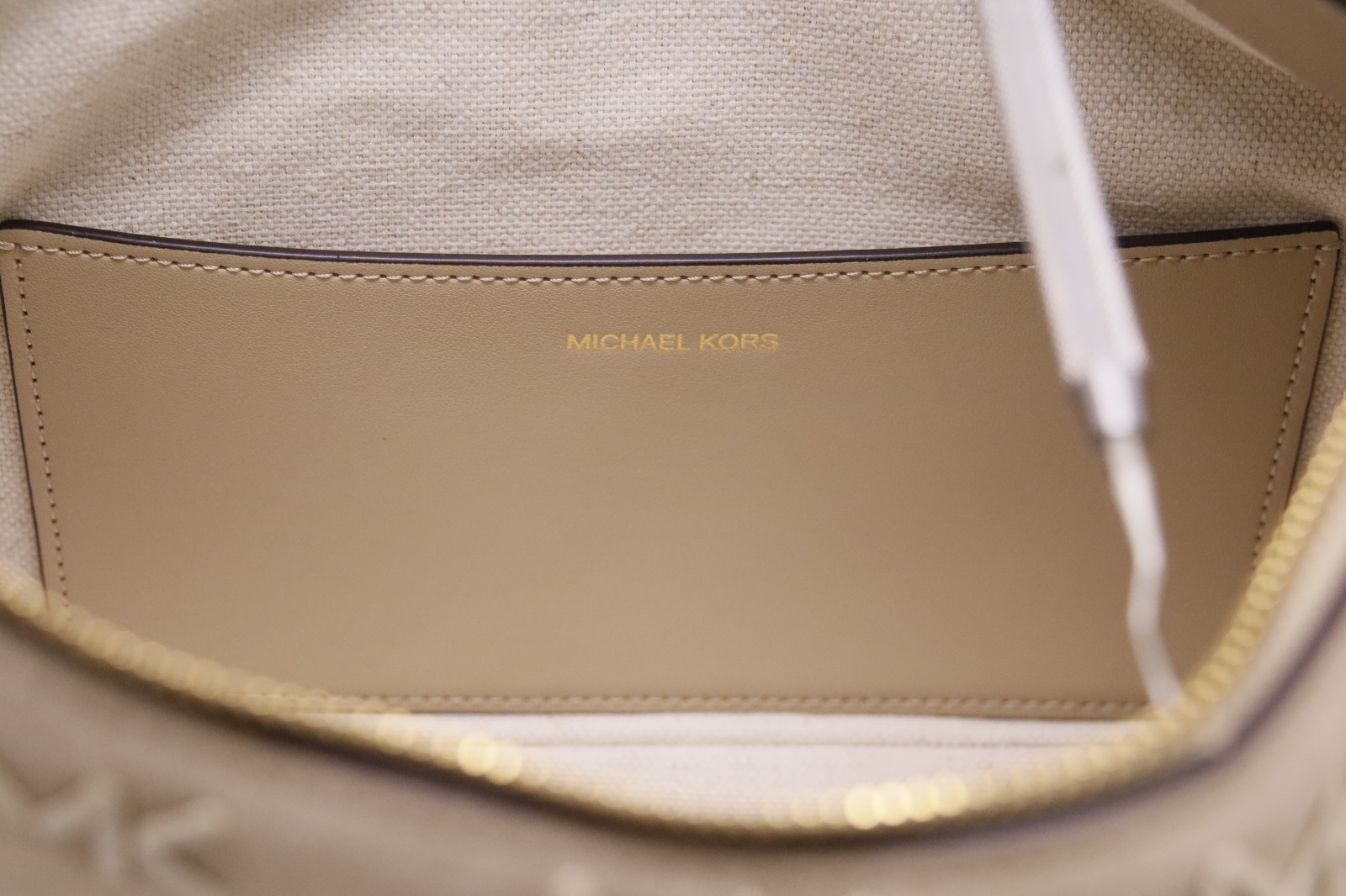 Michael Kors Nolita Medium Whipstitched Logo Leather Shoulder Bag – Khaki – New