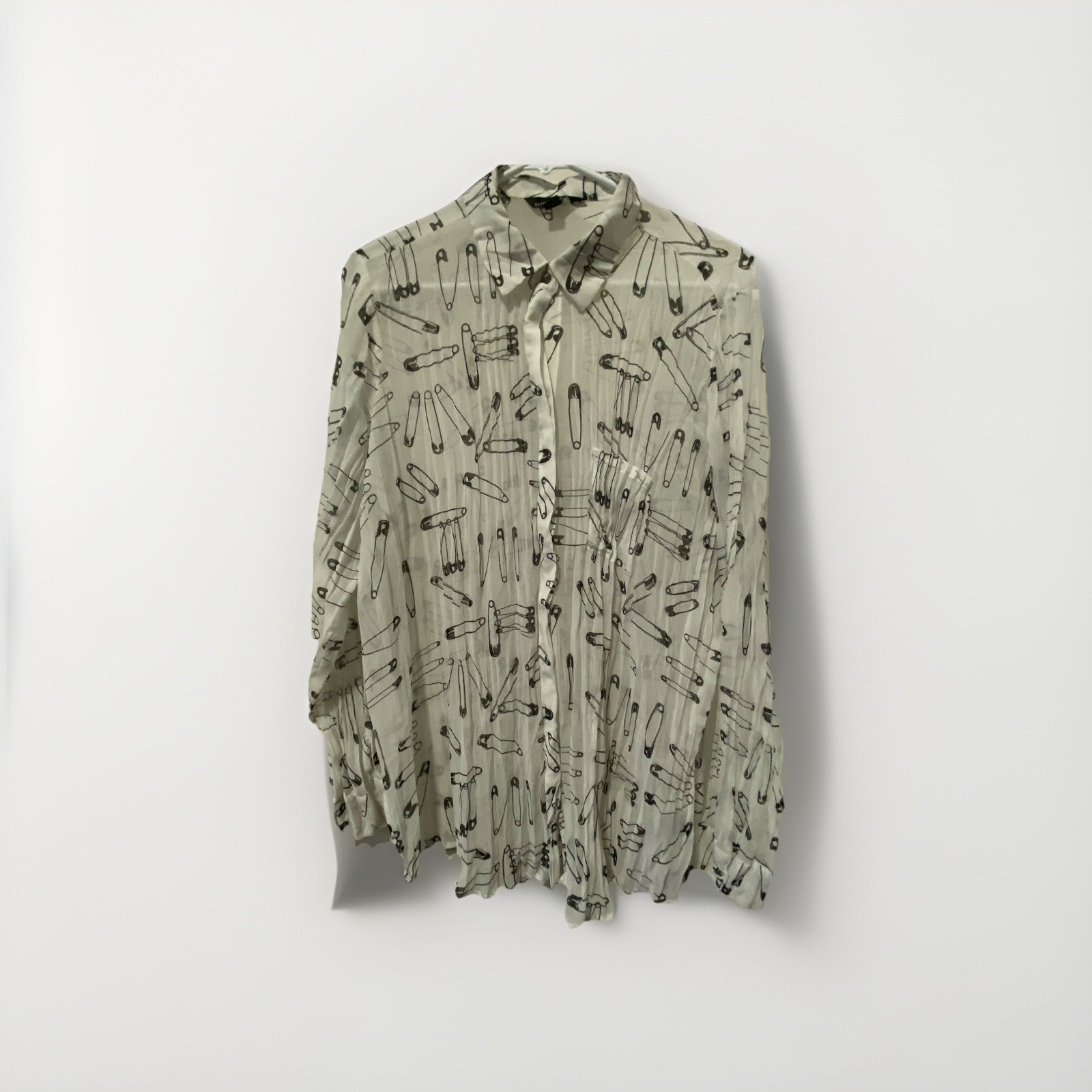 Punk Avant-Garde Women’s White Button Up w Allover Safety Pin Print Size S