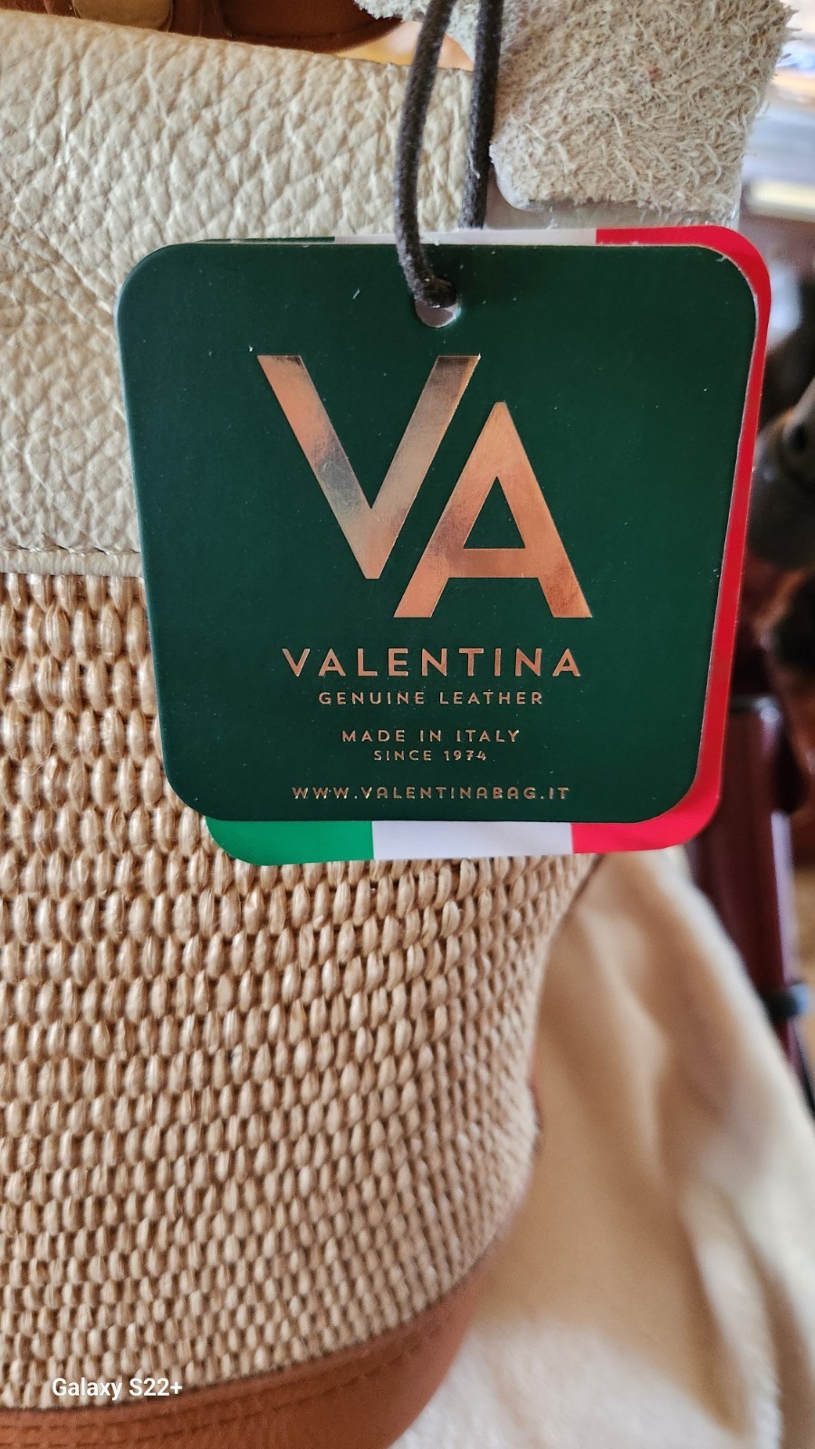 Valentina Italian Raffia & Leather Bucket Bag Latte & Cognac Trim NWT