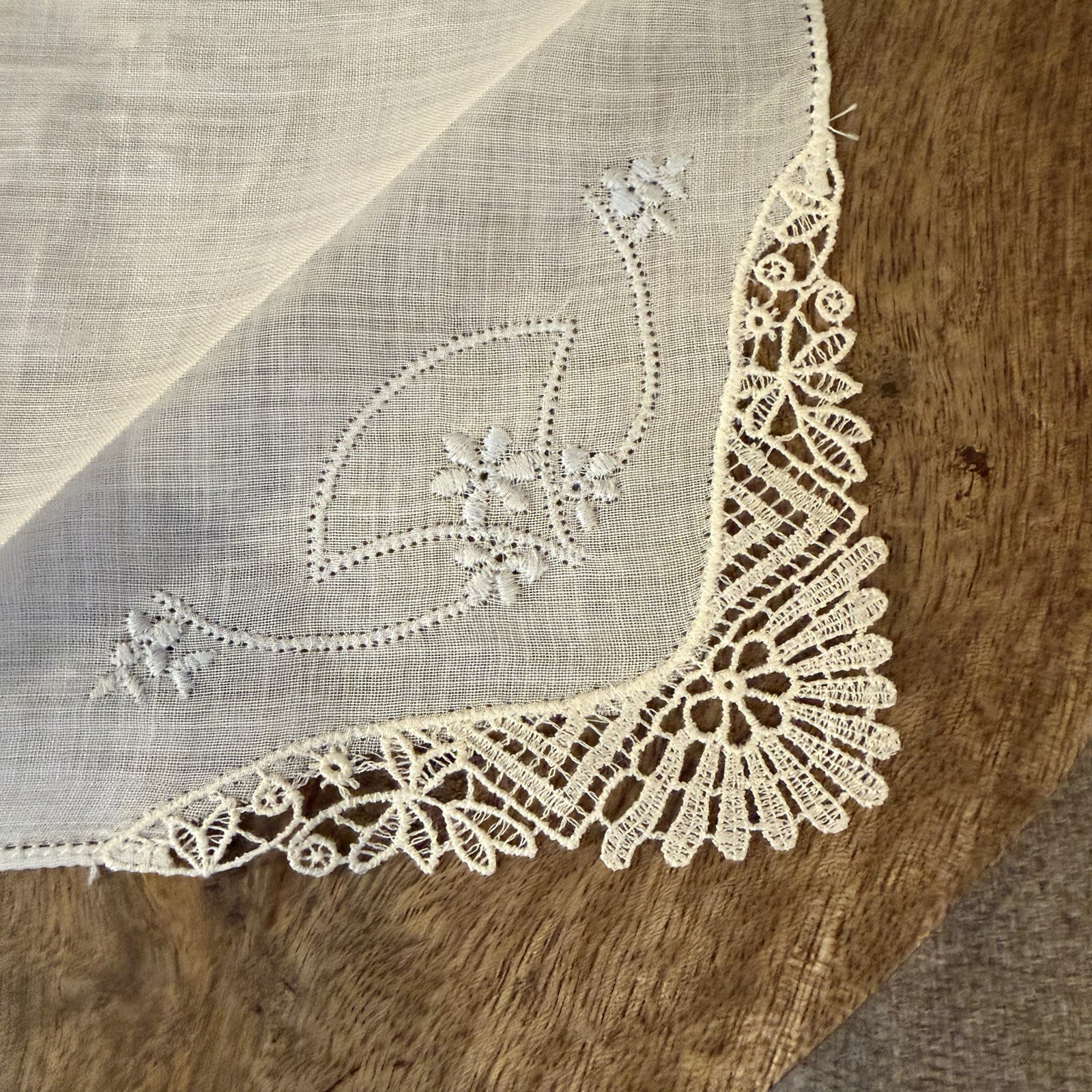 Vintage Linen Tatted Lace / Blue Floral Embroidered Hanky 10”