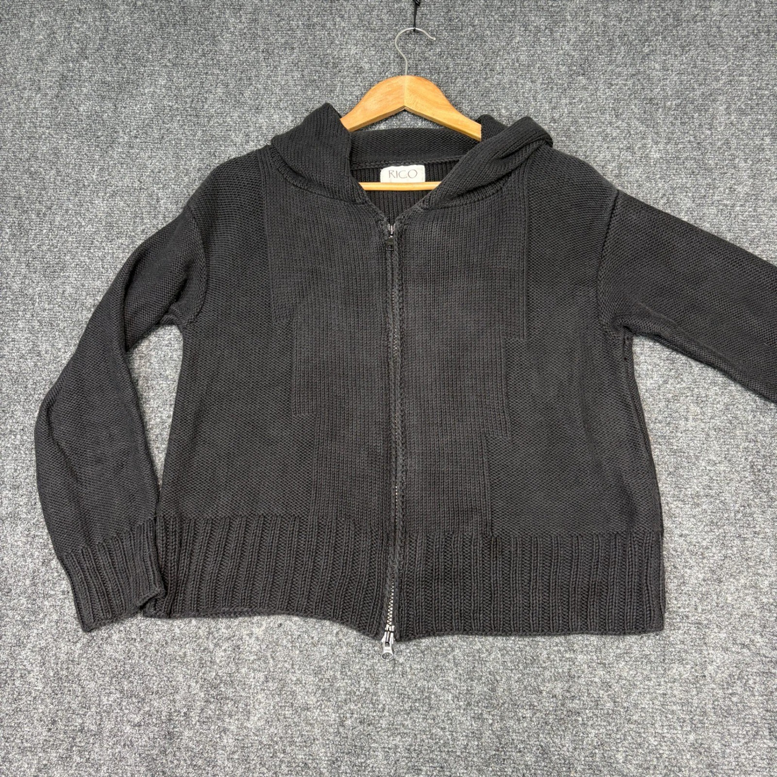 RICO Full Zip Knit Hoodie Mens Medium Black Excellent Cotton Shaker Stitch