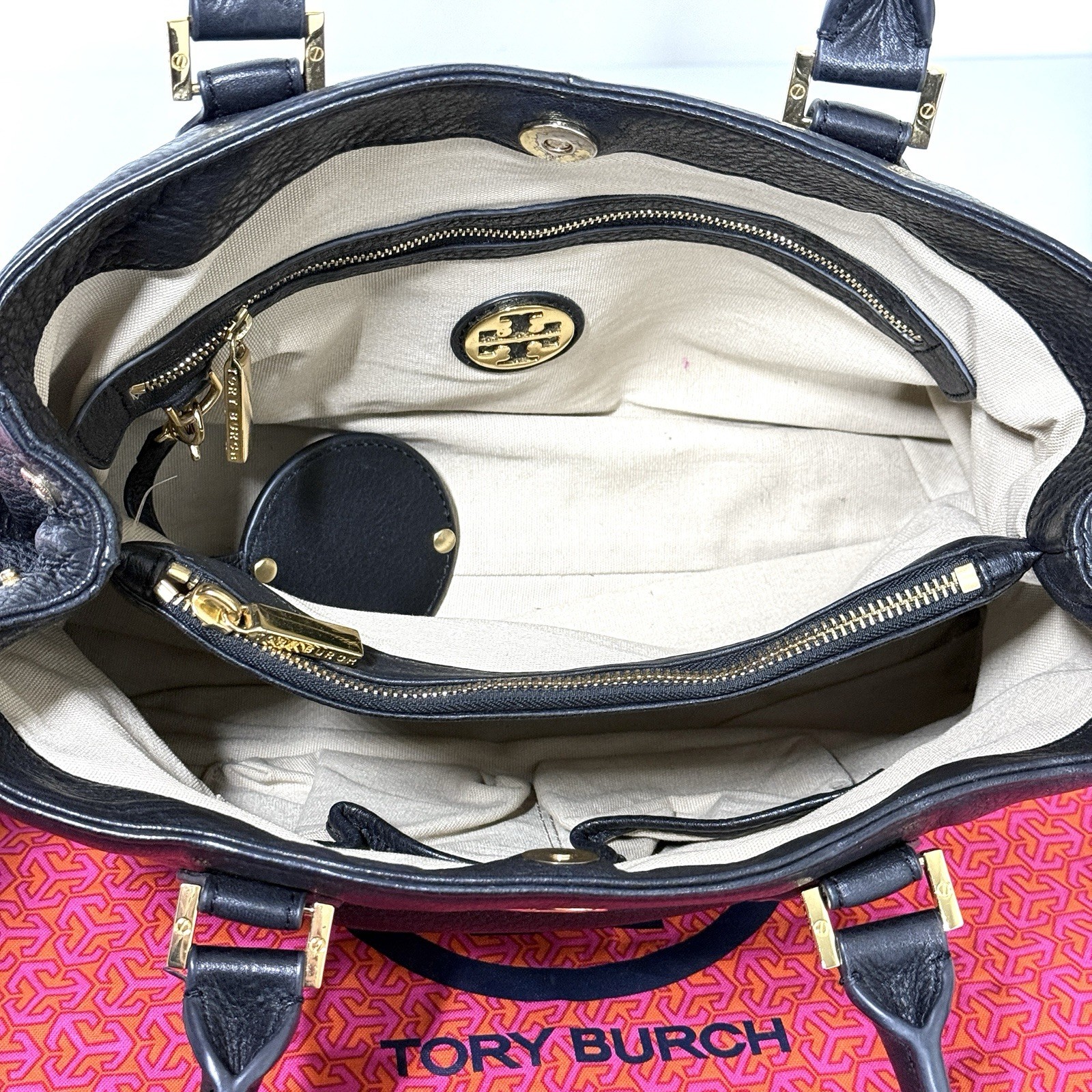 Tory Burch Robinson Triple Compartment Black Pebbled Leather Tote Shoulder Bag