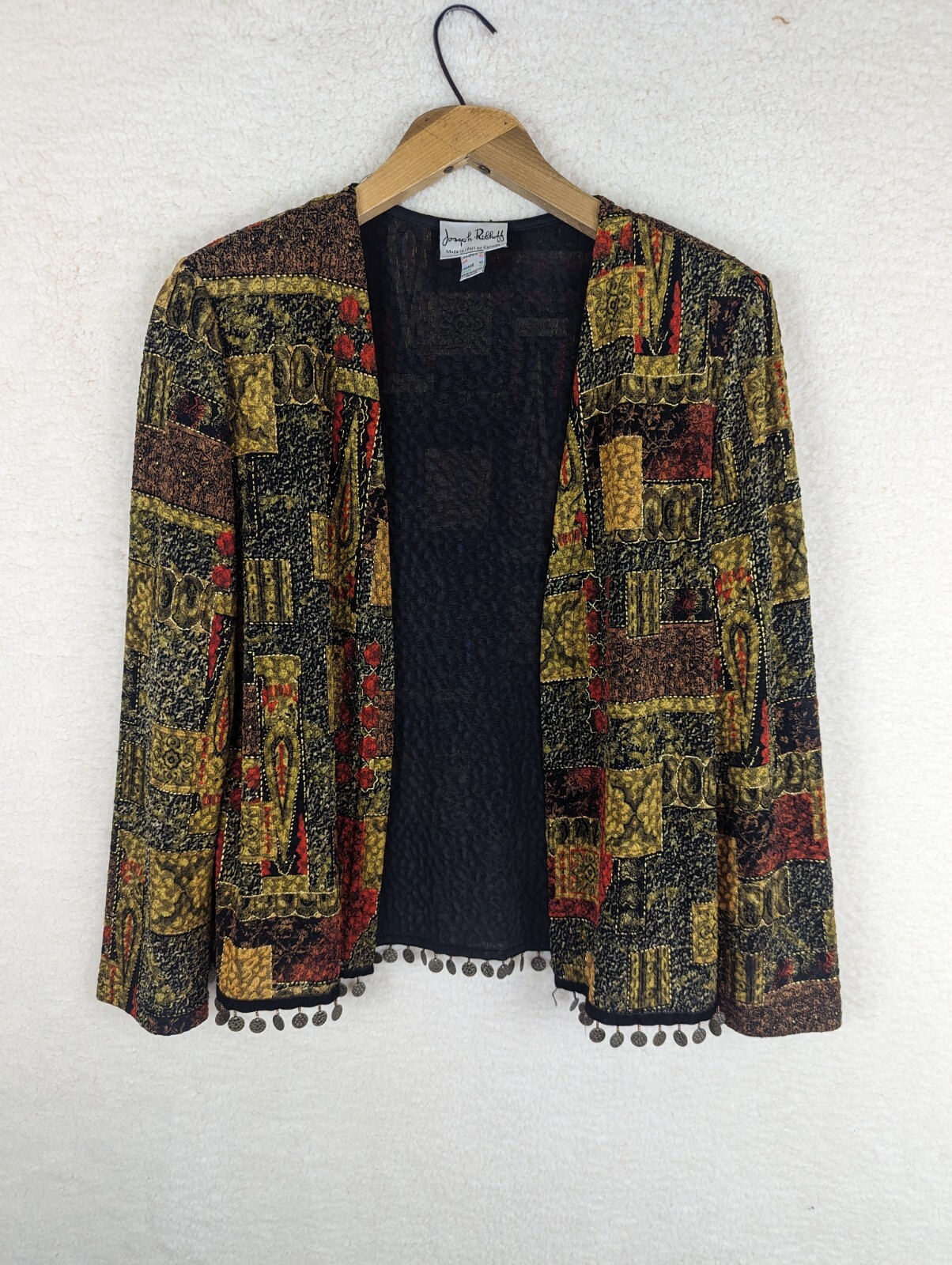Vtg Joseph Ribkoff Open Cardigan Gypsy Artsy Metal Accents Art To Wear Asian 12