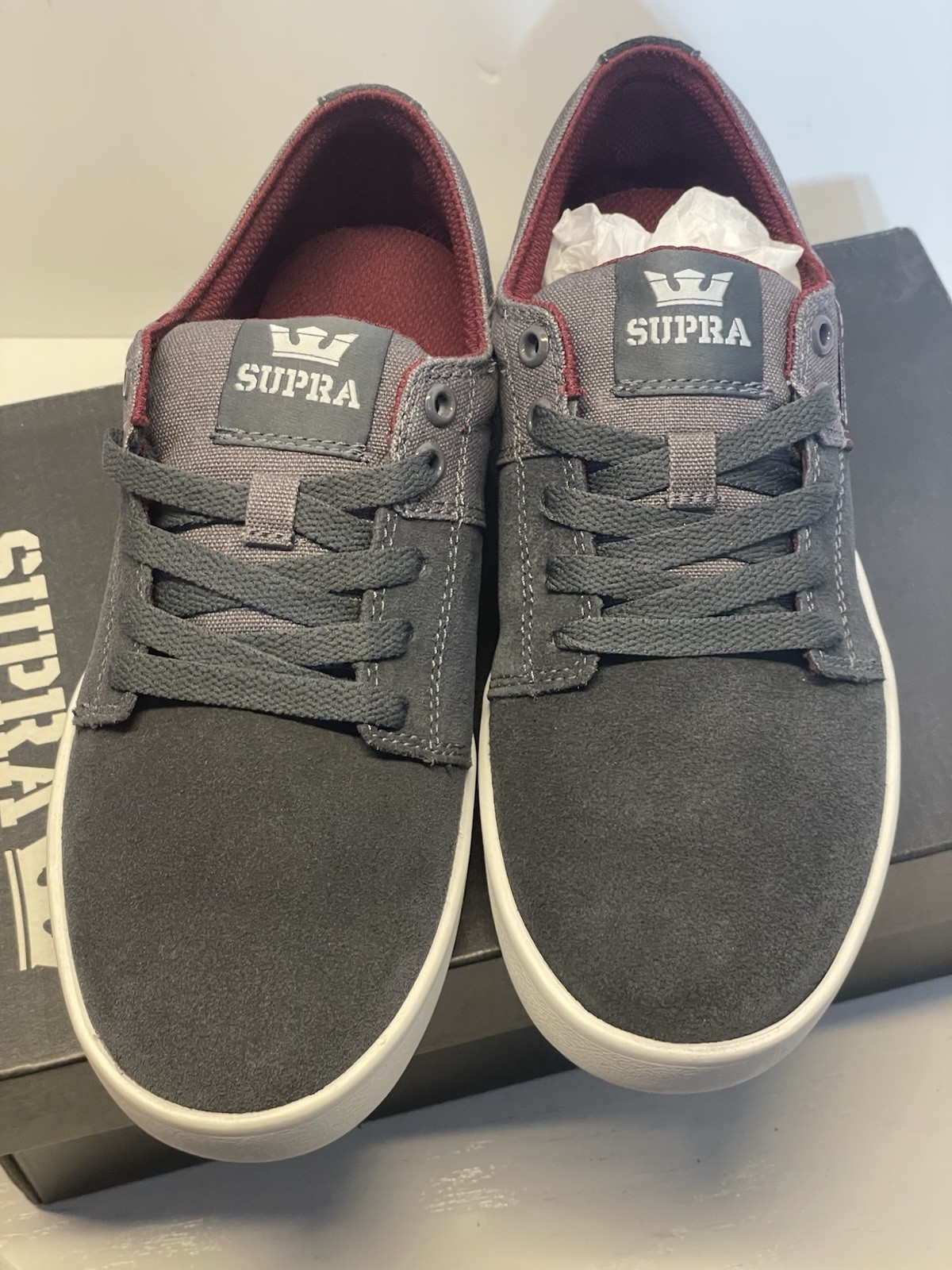 New! SUPRA Stacks 2 Magnet Gray/Port-White Skate Shoes Woman’s Sz US9.5/Mens7.5!