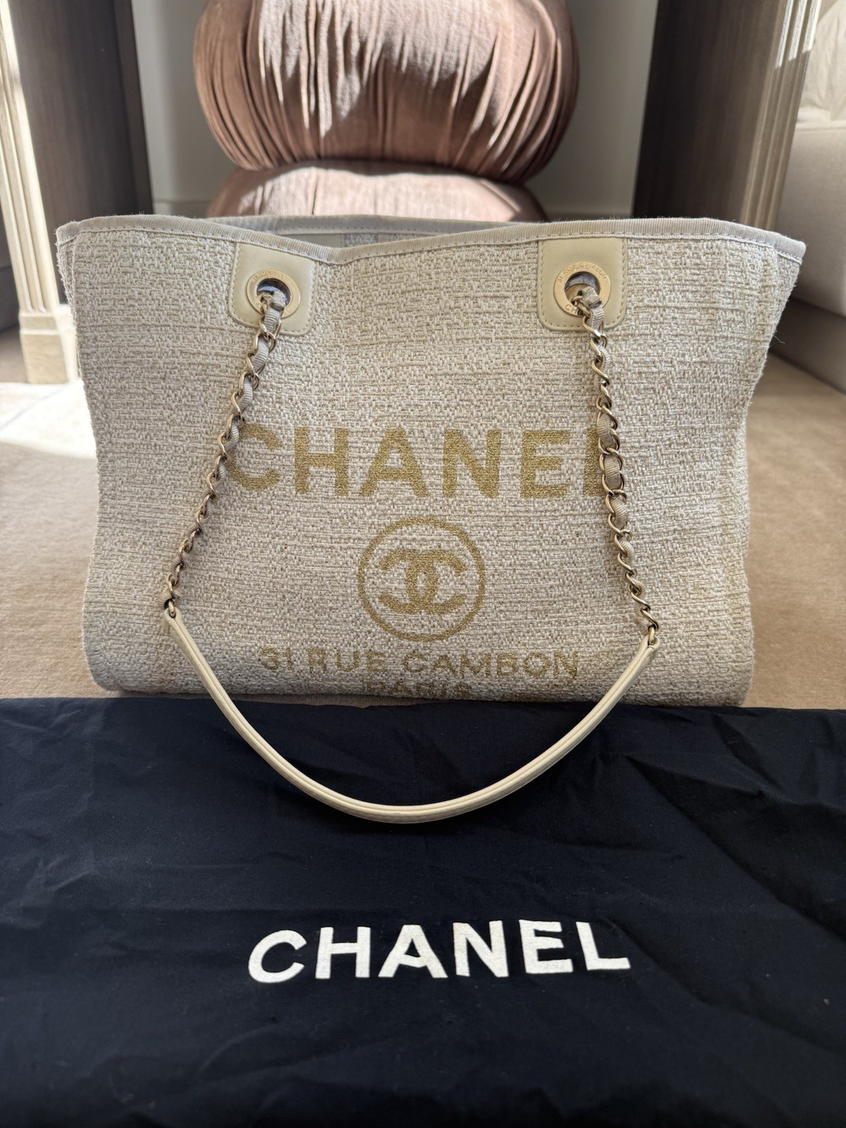 CHANEL Chain Tote Bag Deauville MM Tweed Canvas A67001 Beige Gold Hardware