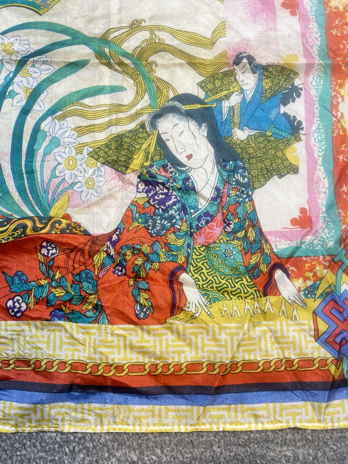 Beautiful Johnny Was Square Silk 43” Scarf Or Wrap Tassels Geisha Asian Oriental