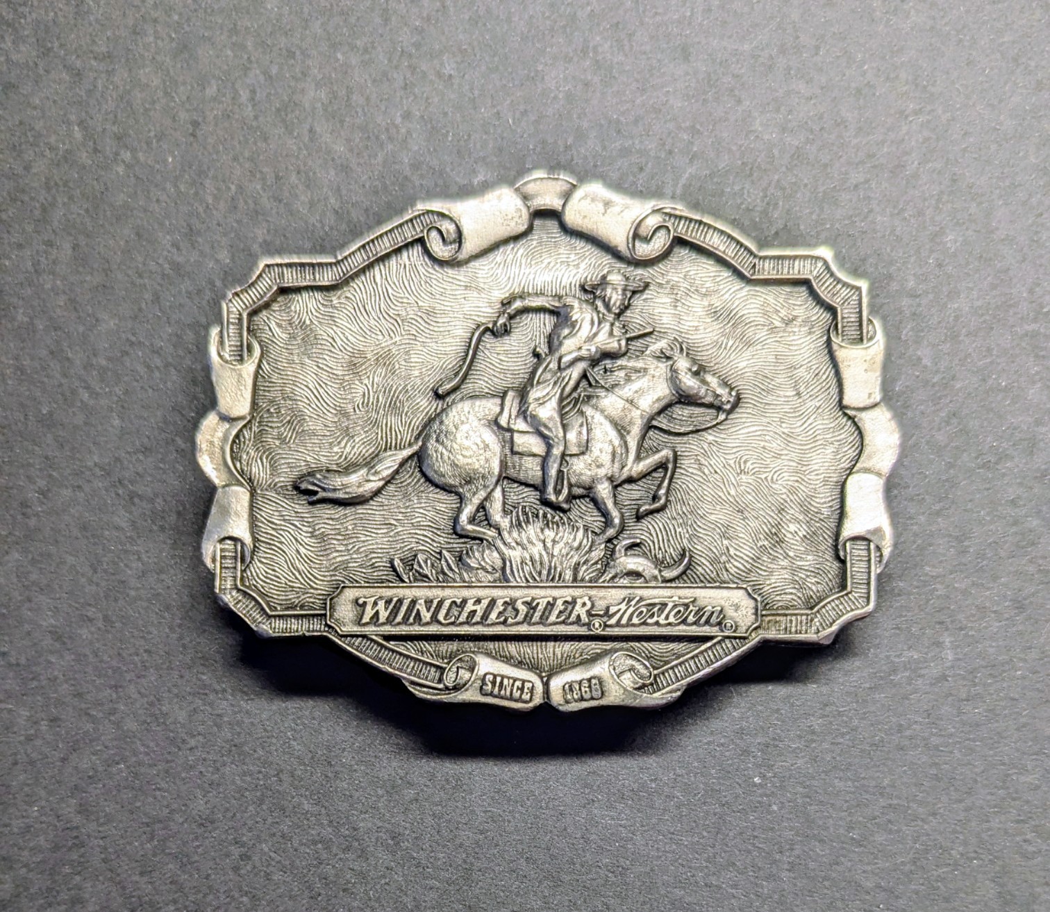 Vintage Winchester Western Belt Buckle Cowboy Horse Rider Rifle Since 1866