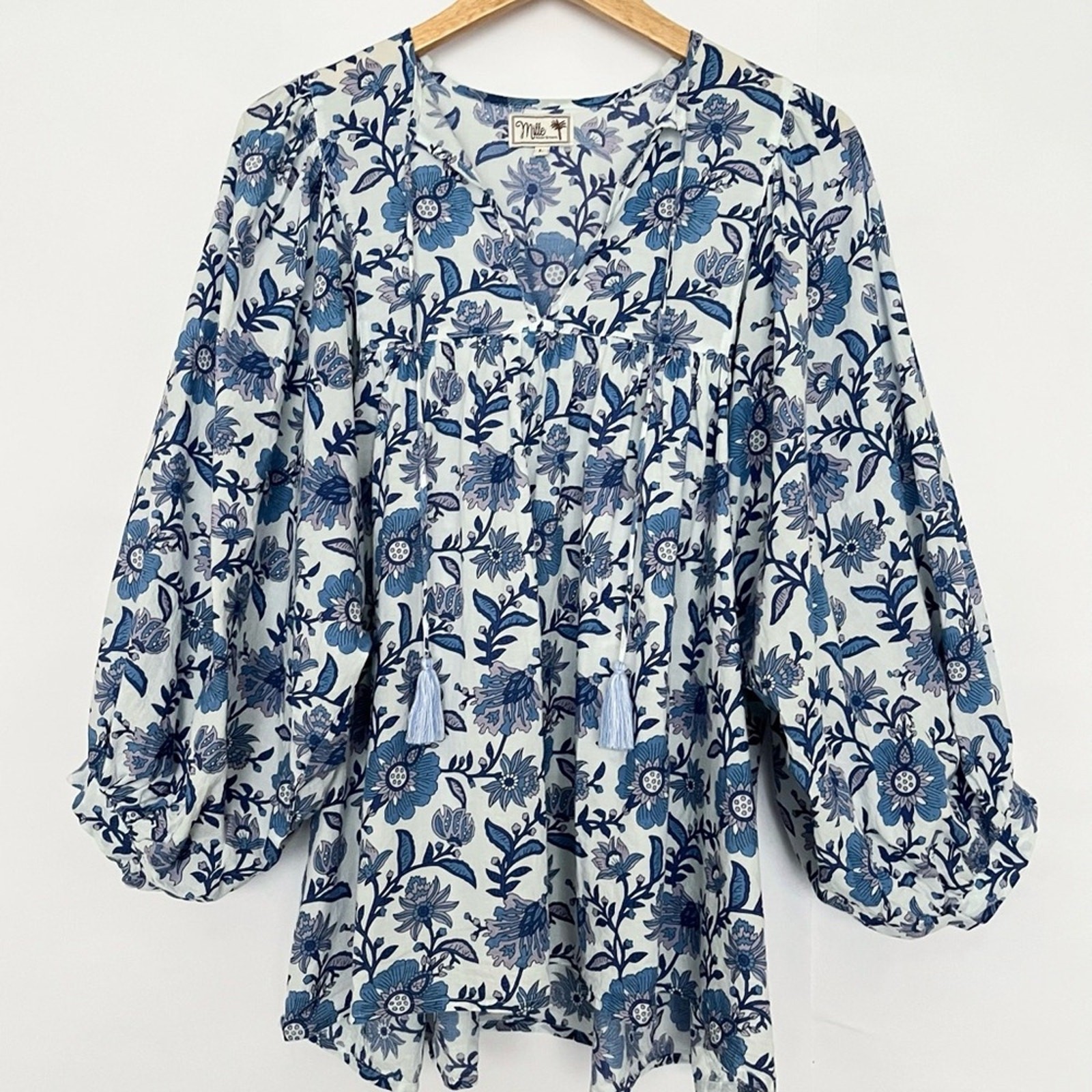 Mille Thalia Peasant Top Cotton Womens Size Large Blue Floral Puff Sleeves Boho