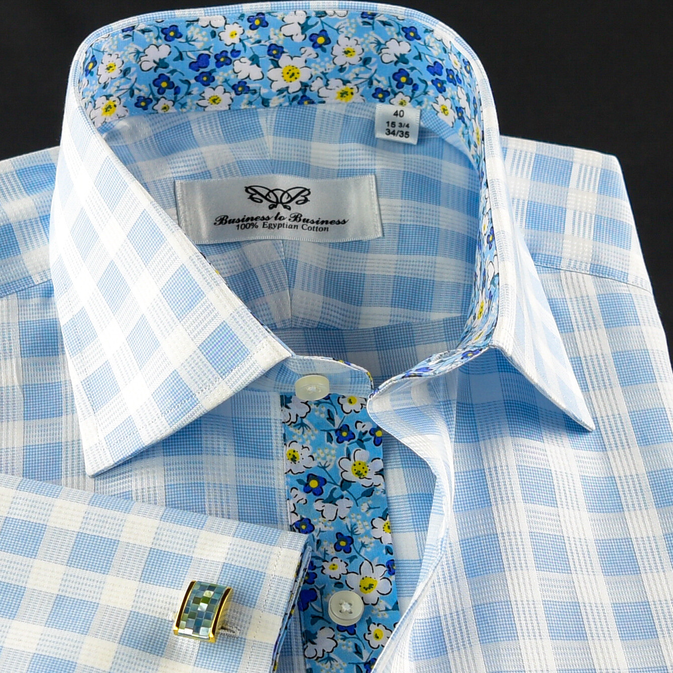 Blue Check Formal Business Dress Shirt Wih Blue Floral Inner Lining Double Cuff