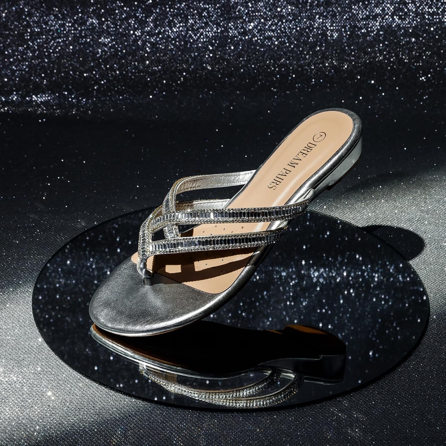 Women’S Rhinestones Flat Slides Sandals | Flip Flop Slip on Slides T-Strap Spark