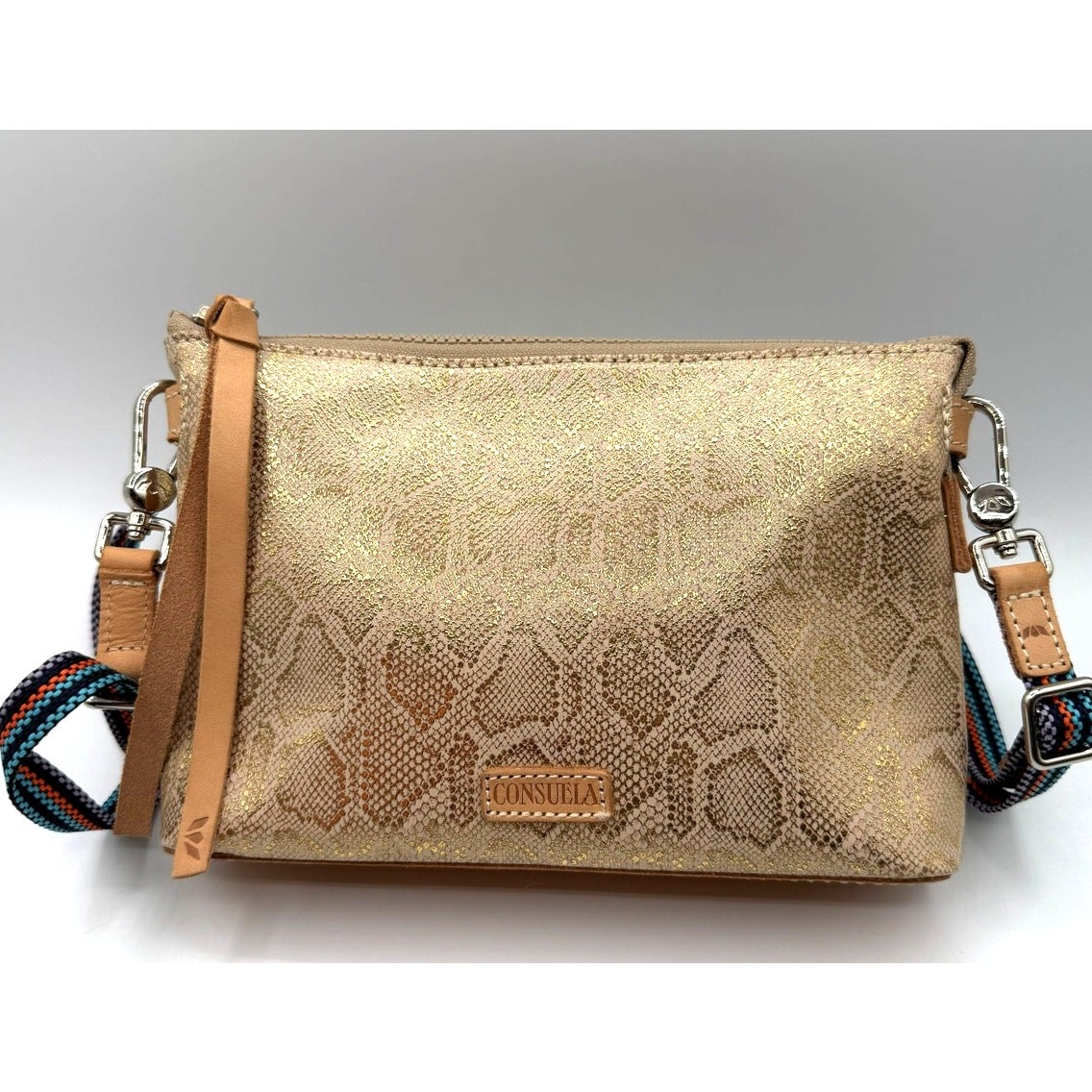 Consuela Leah Midtown Leather Crossbody W/Metallic Gold Snakeskin Print