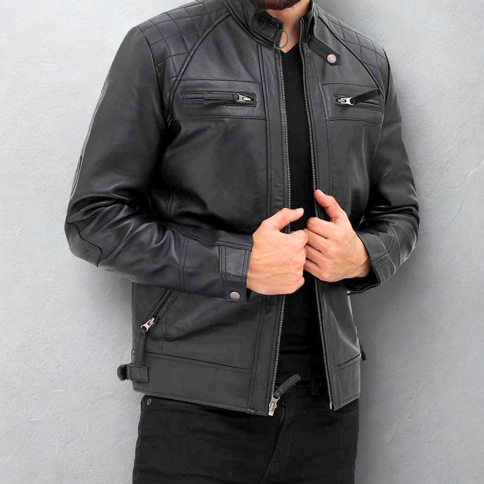 Men’s Genuine Sheepskin Leather Cafe Racer Motorcycle Biker Jacket Vintage Style
