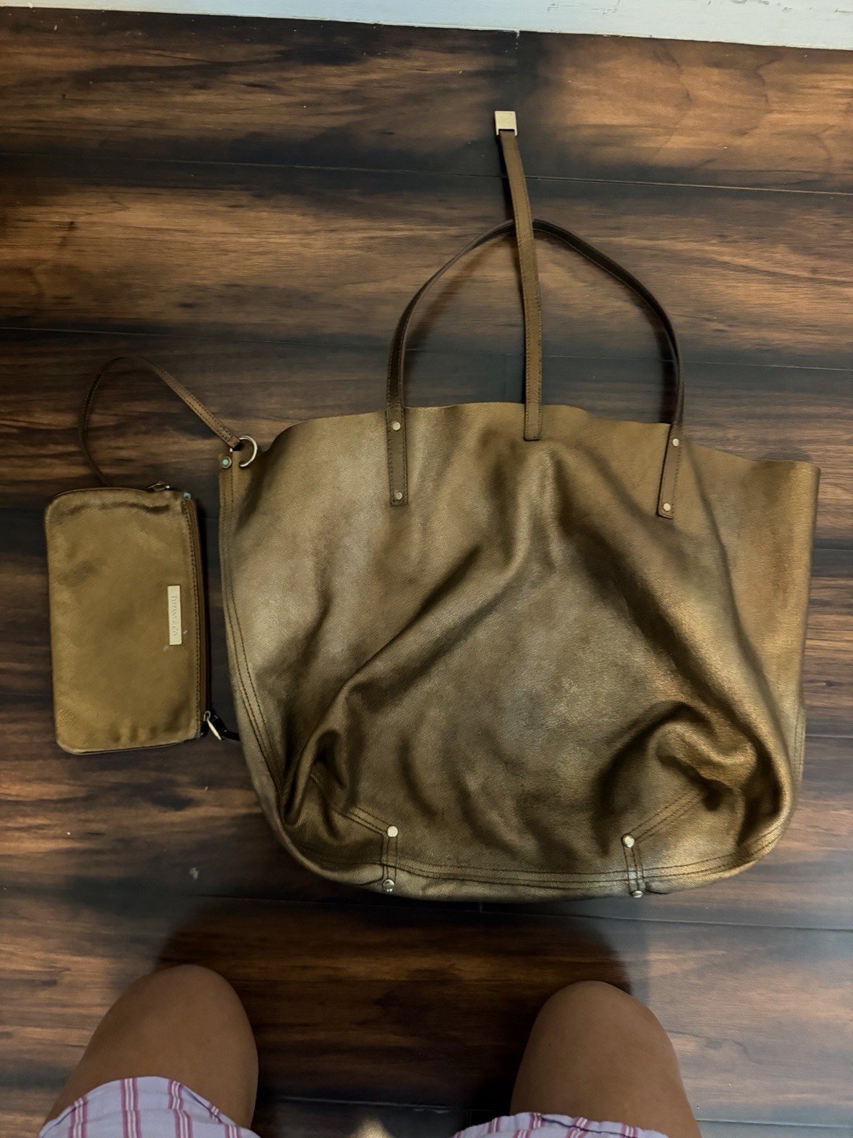 Tiffany & Co. Reversible Suede Leather Handbag Tote Bag Champagne Bronze Pouch