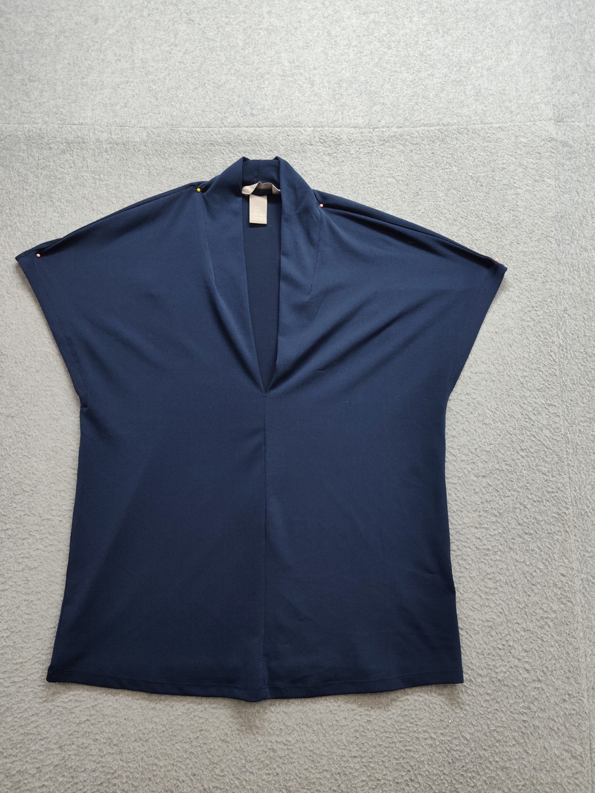 H&M Women Tops S Navy Blue Deep V Neck Cap Sleeve Pullover Stretched Logo Casual