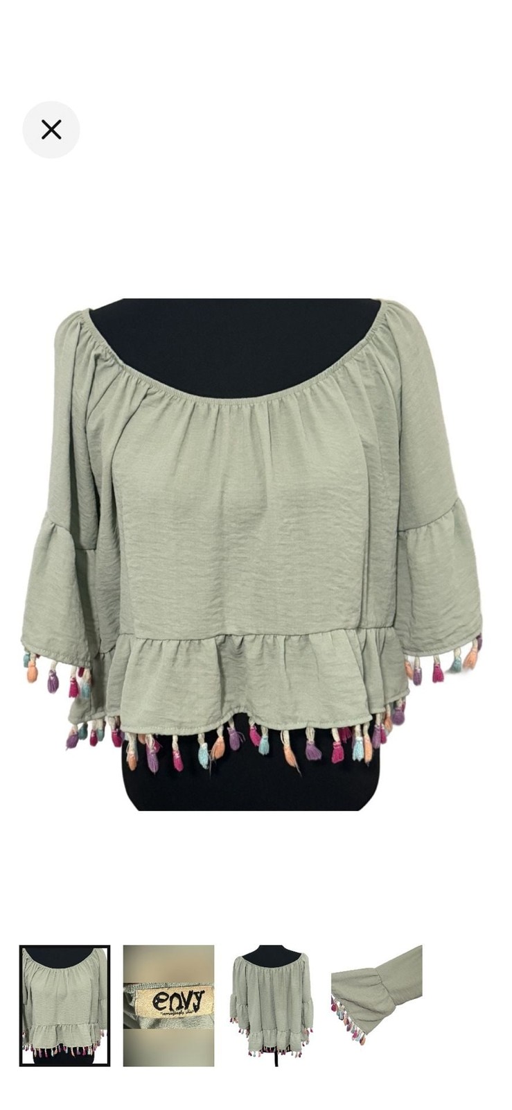 Envy ‘Amazingly Chic’ Sage Green Off-The-Shoulder Tassel Trim Blouse