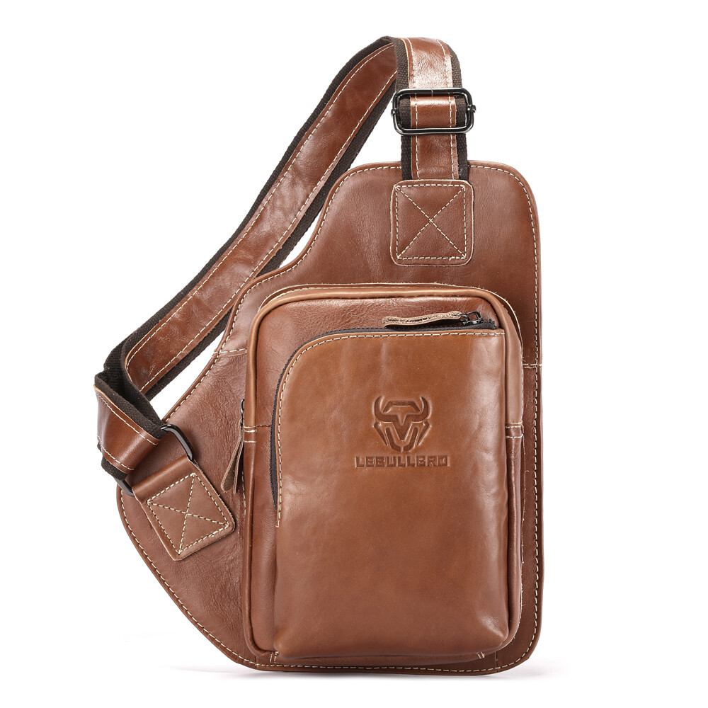 Chest bag Mens 100% Genuine Leather Shoulder Bag Sling Backpack Daypack Travel