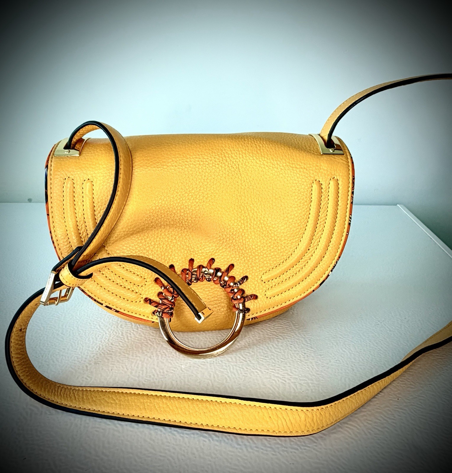 Women’s Yellow Crossbody Bag Beaded Ring Hardware Gold Tone Solid Strap