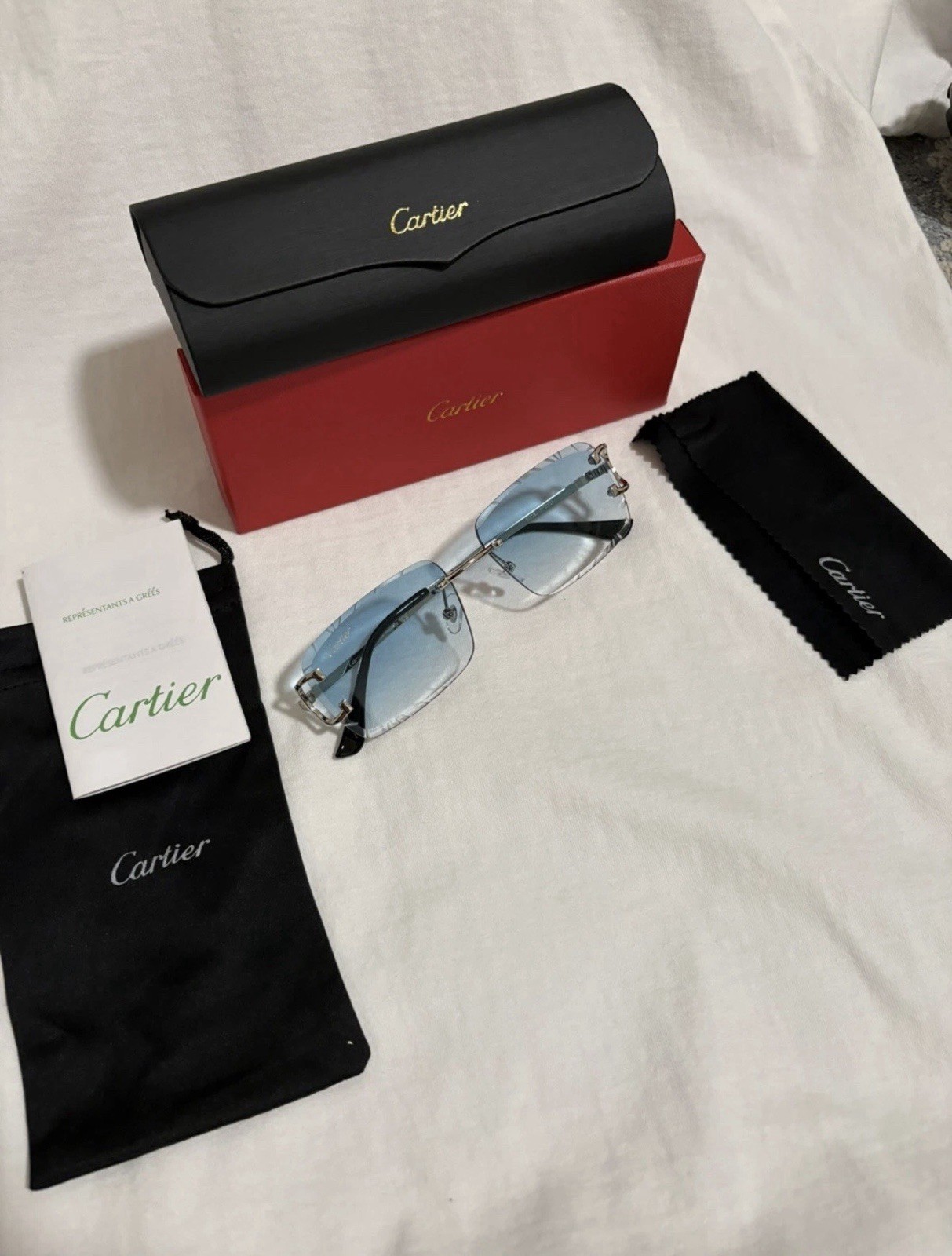 Cartier Big C Diamond Cut blue/green Fade Frameless Lens silver Frame