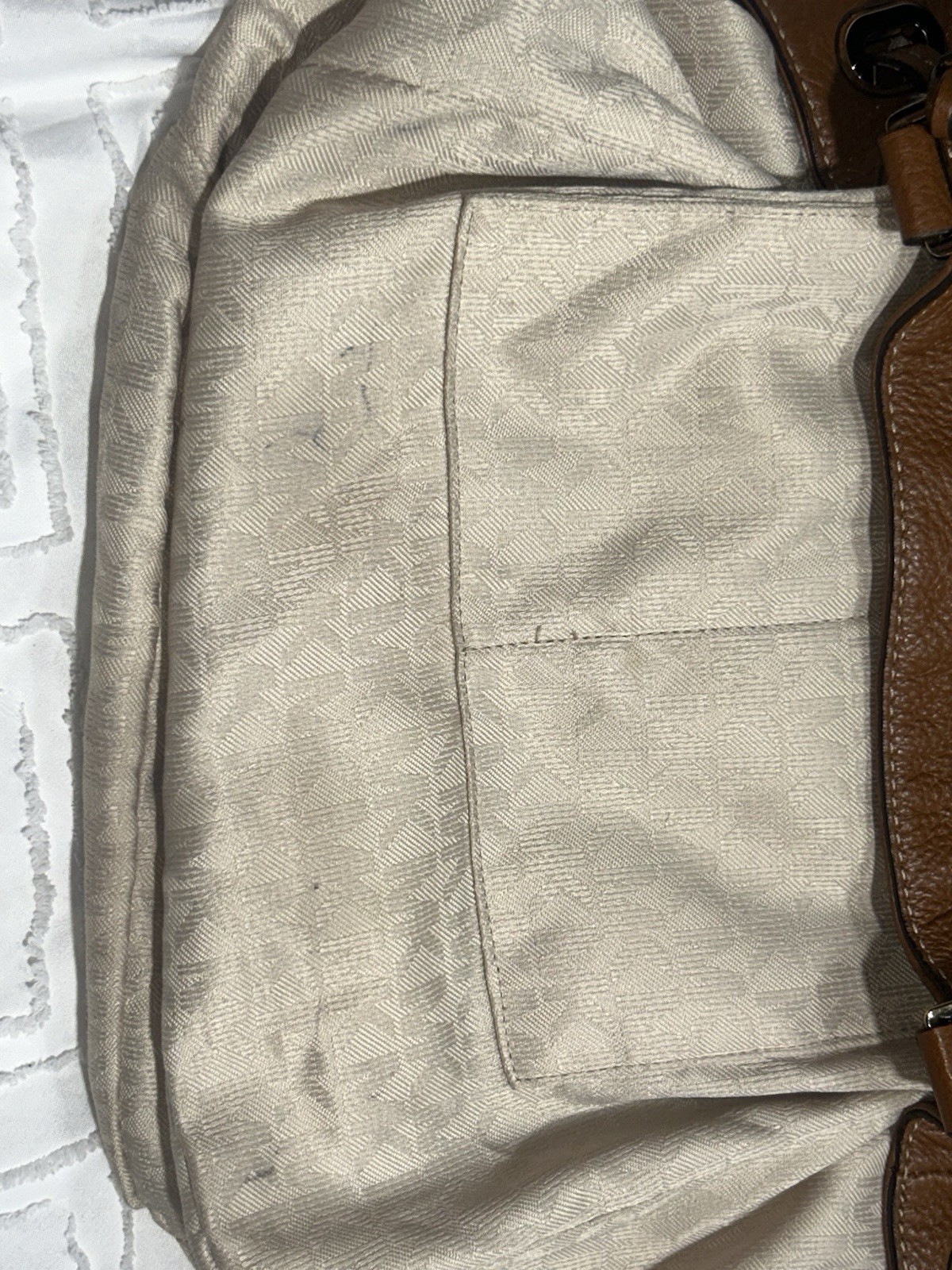 Michael Kors Marina Large Canvas Drawstring Tote Bag Gold Metallic Brown Leather