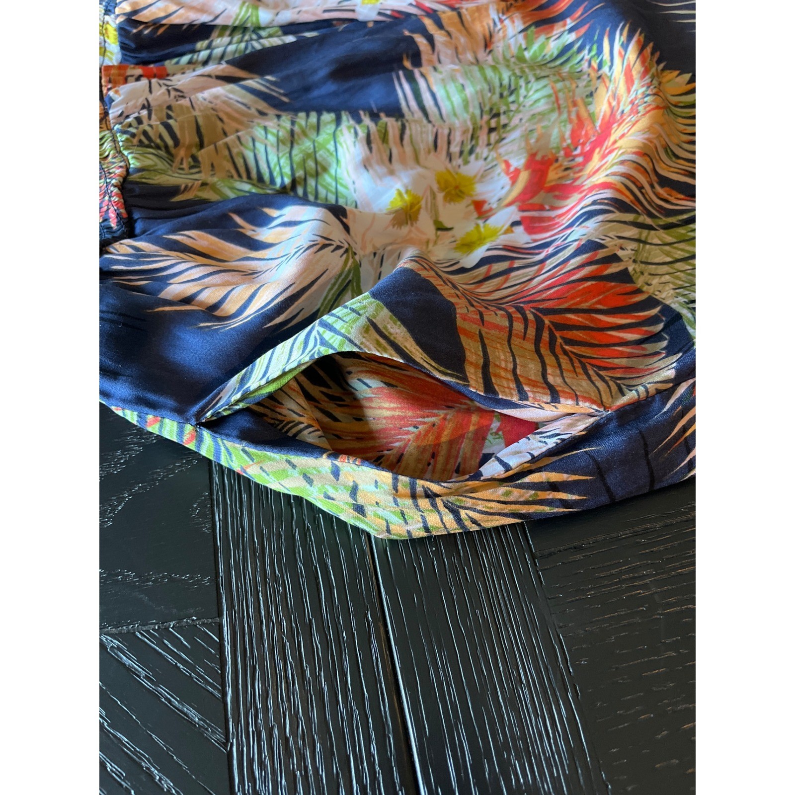 Terra & Sky Navy Tropical Palm Print Smocked Tiered Maxi Dress Sleeveless Womens