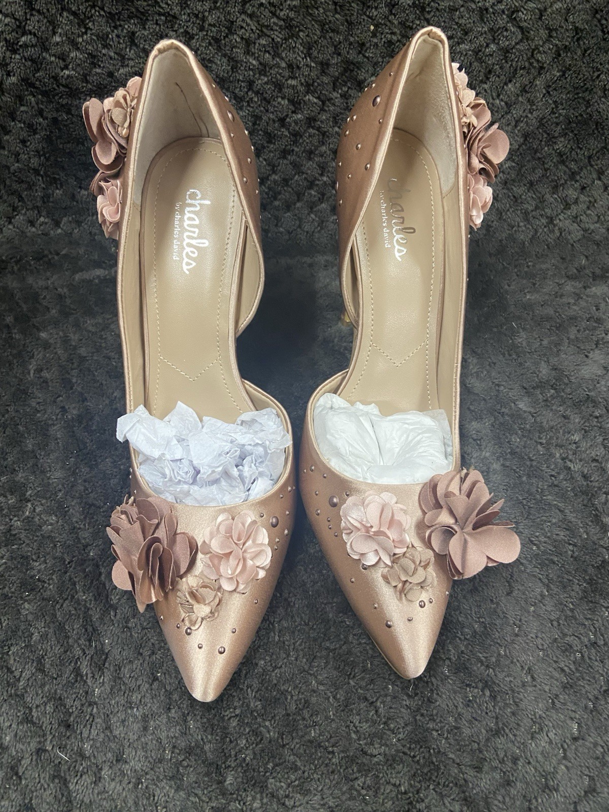 Charles by Charles David Taupe Satin Chiffon Floral Studded Stiletto Pumps 7.5M