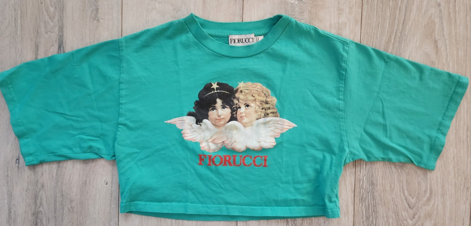 Fiorucci Women’s Vintage Angels Cropped T-shirt Green 100% Cotton Size XS