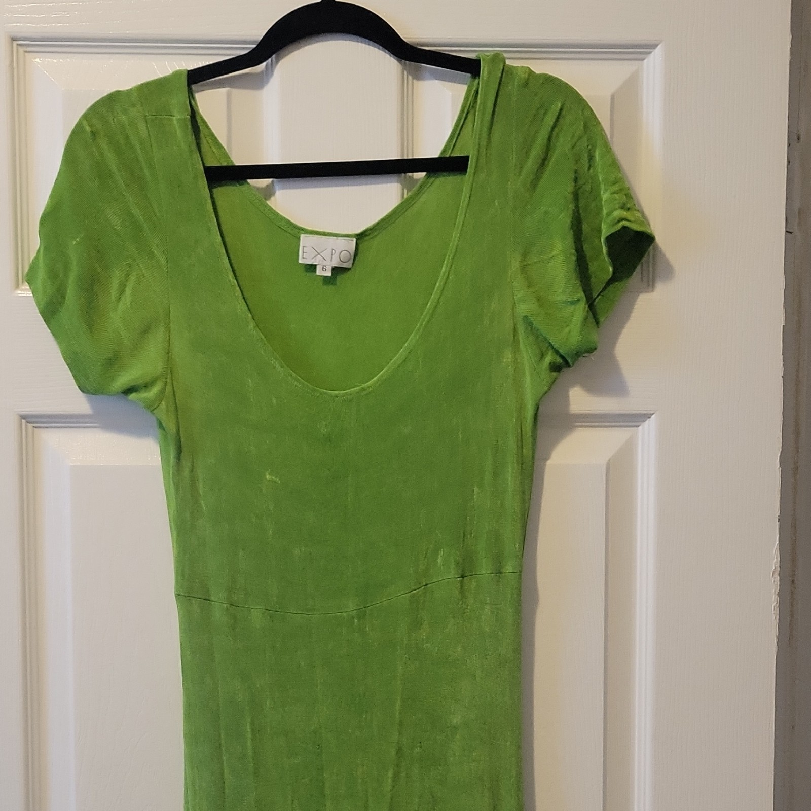 EXPO Women’s Green Solid Knit Rayon Scoop Neck Short Sleeve Maxi Dress 6 90s