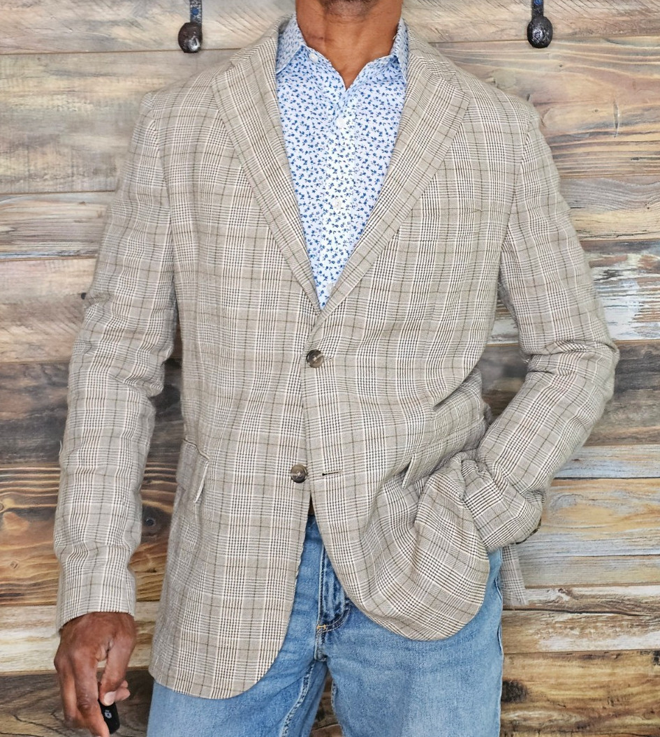 Zara Cotton Linen Dual Vent Unconstructed Brown Plaid Sport Jacket Blazer 40R