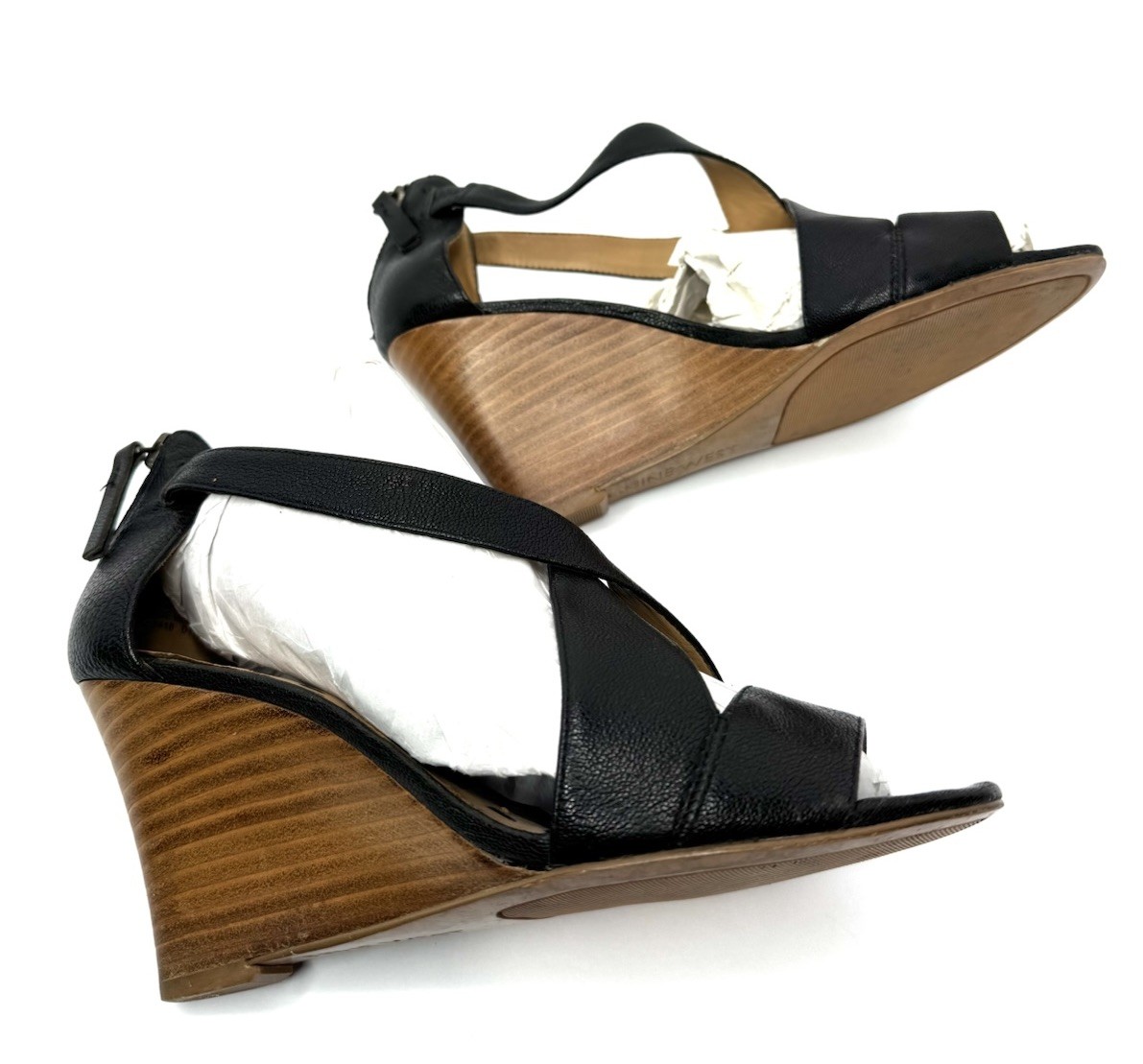Nine West Women’s Black Leather Wedge Sandals Strappy Peep Toe Size 7M