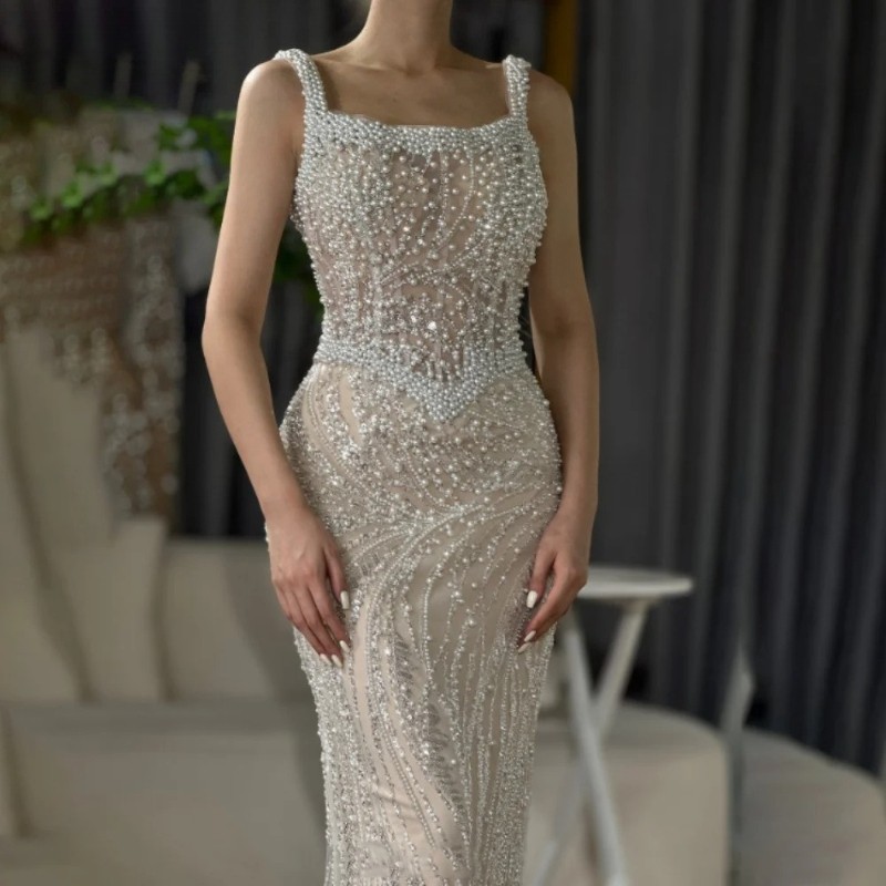 Elegant Square Pearl Shoulder Strap Evening Dresses Lace Mermaid Prom Gowns