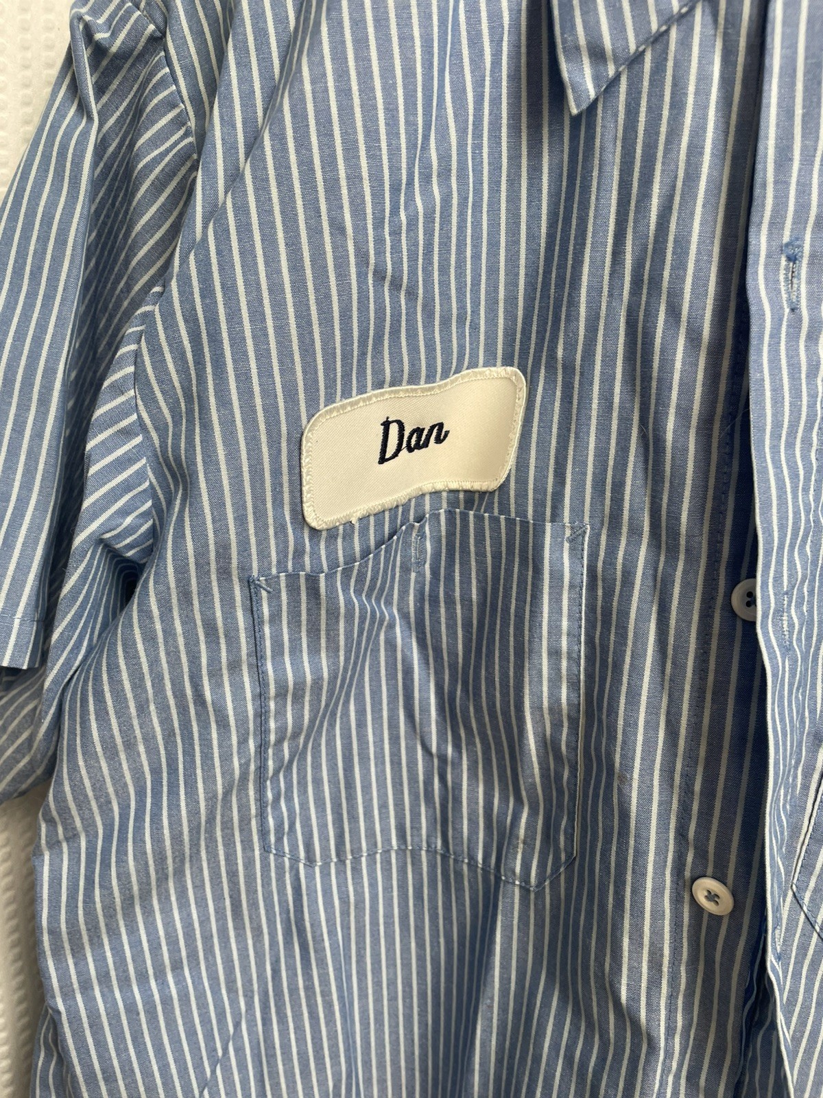 Vintage Work Shirt Striped Blue S.S. Mechanic Mens L DAN G. L. Lloyd Excavating
