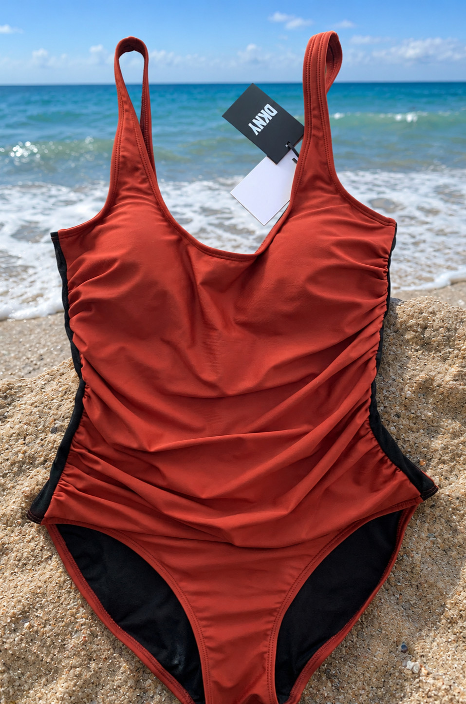 DKNY Women’s One Piece Swimsuit SIZE 12 NWT Ruched Tummy Control Bronze Rust