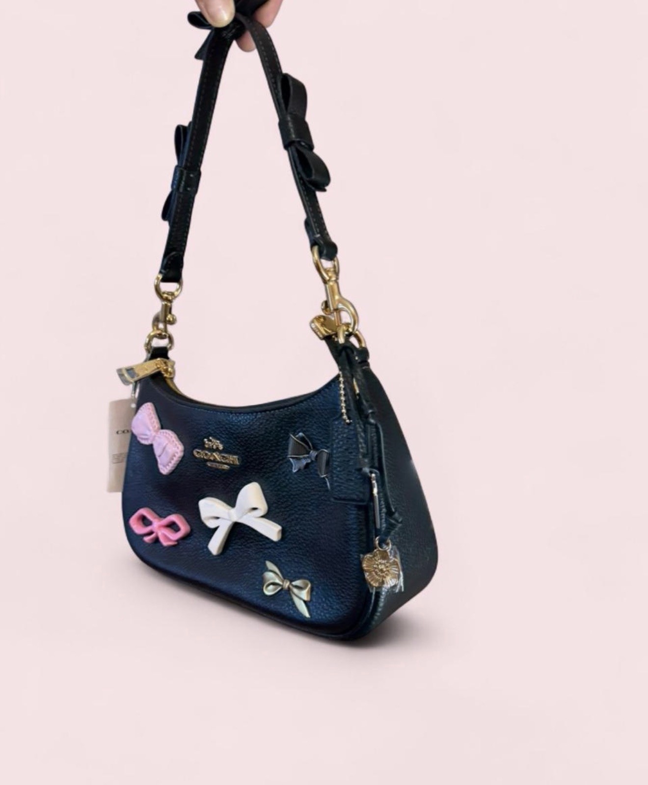 NWT COACH CDY93 Teri Shoulder Bag With Bows And Charms Pebble Leather Black