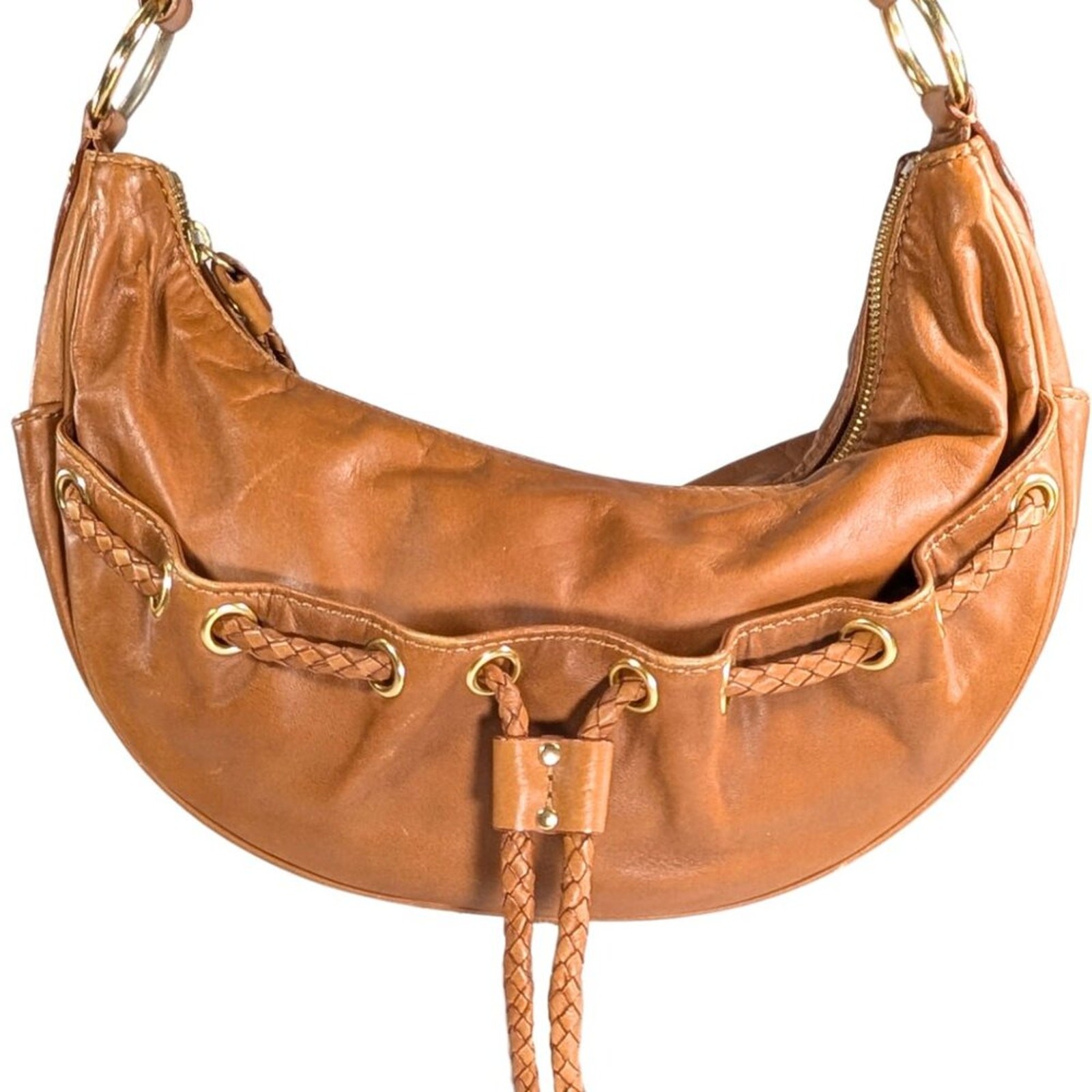 Michael Kors Nolita Tan Leather Braided Hobo Zip Boho Festival Shoulder Bag