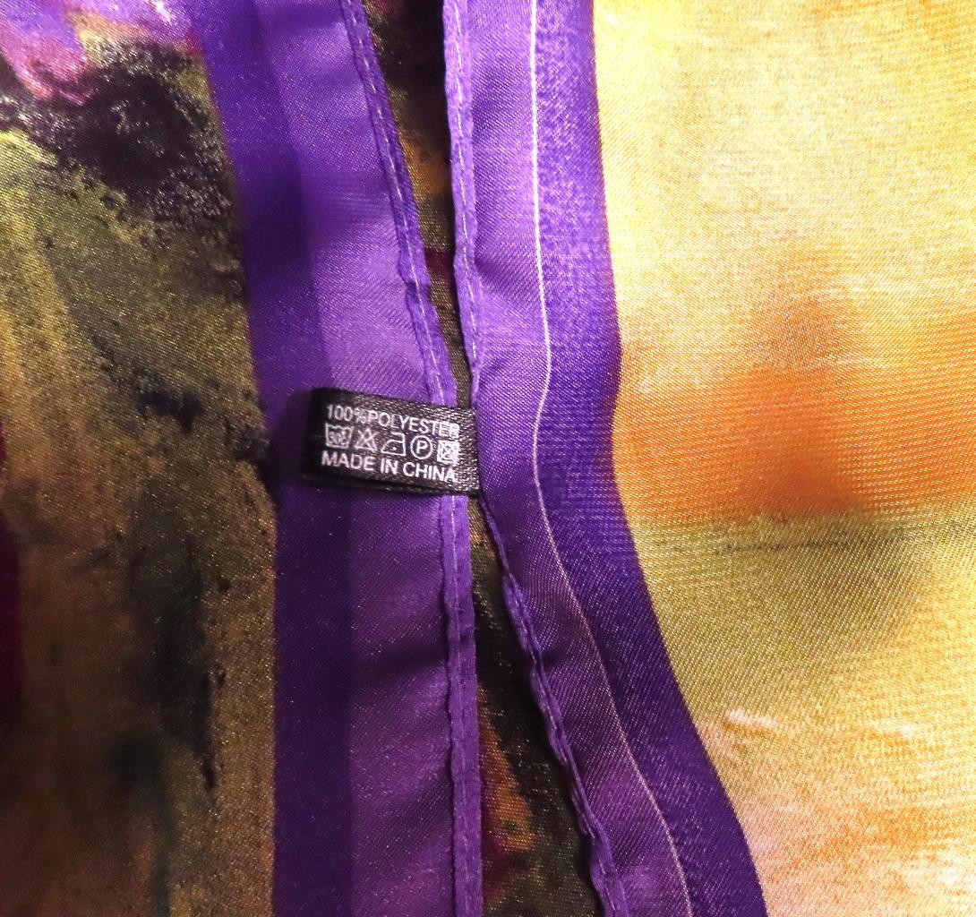 Square irises scarf; Van Gogh? purple gold brown green+ poly; NWT; 27×26.5 in.