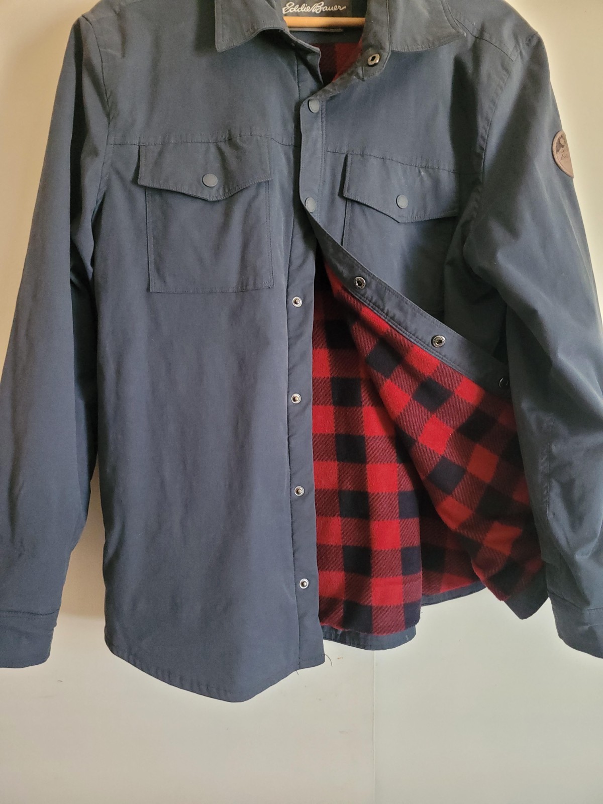 LARGE Eddie Bauer Jacket Gray/blue with Red Buffalo Plaid Lining Snaps
