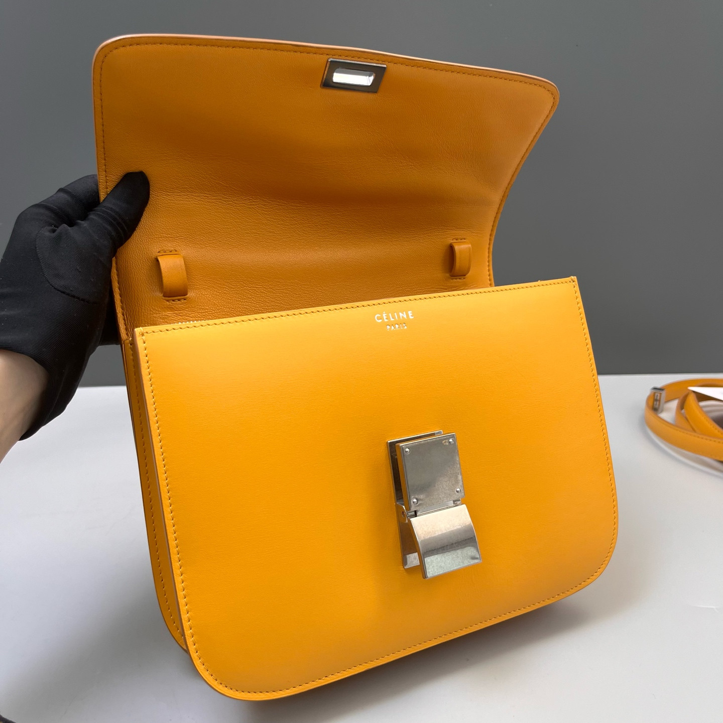 Authentic Celine Classic Box Smooth Calfskin Shoulder Bag Yellow Silver-Tone