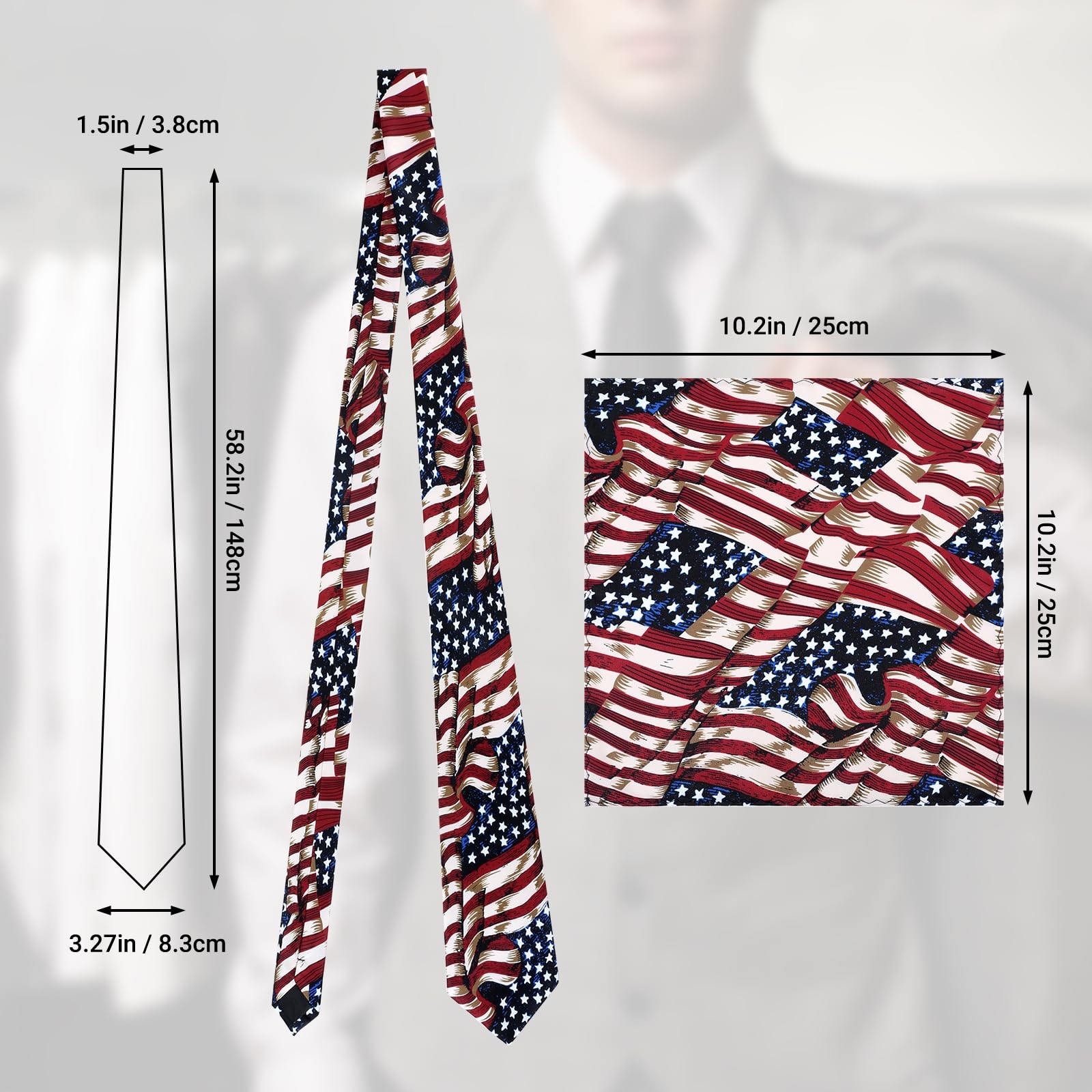 Men’s American Flag Tie Set 3.27″ (8.3CM) USA Flag Neckties and Pocket Square…