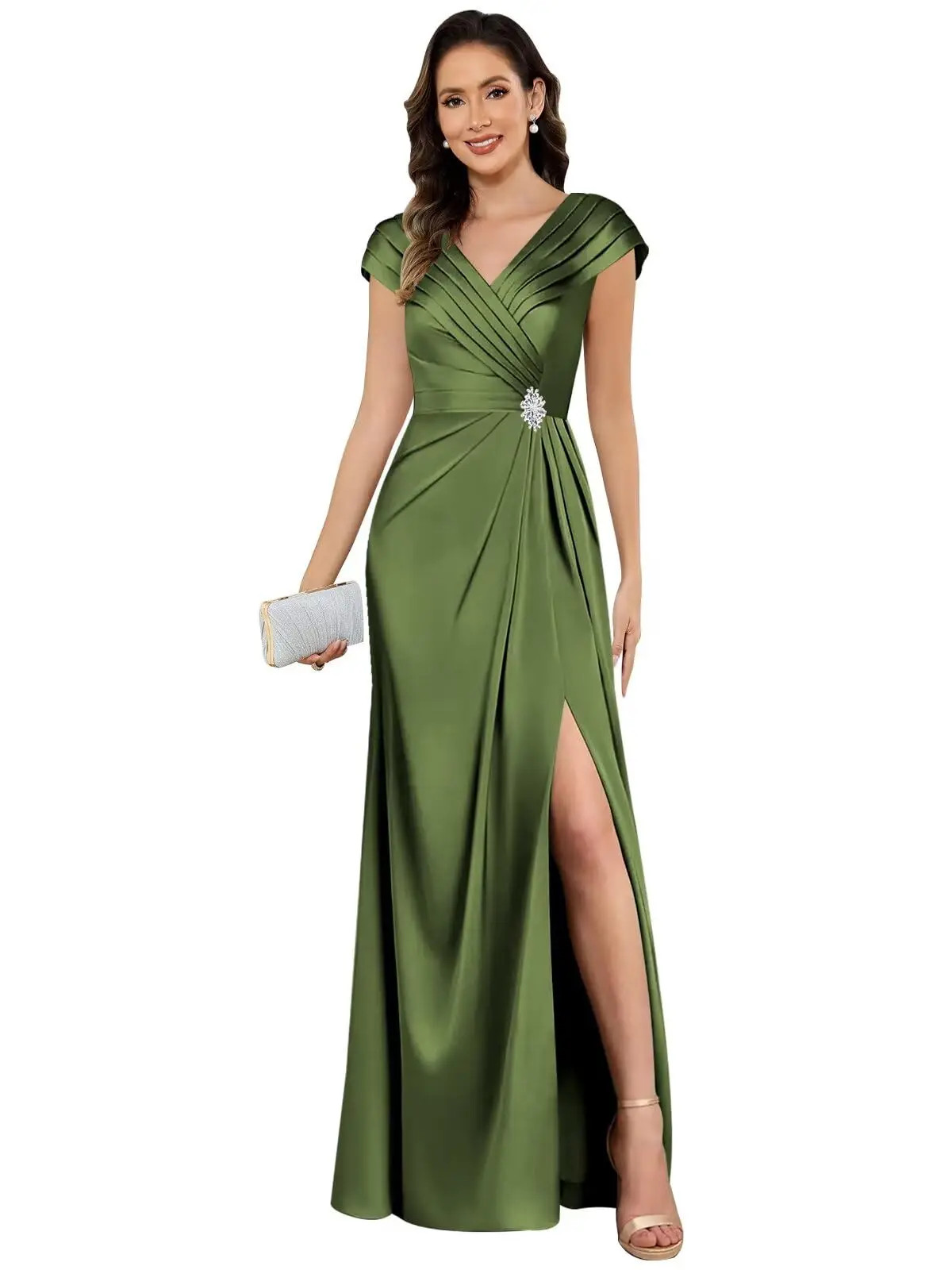 Customized Satin Mother of The Bride Dresses with Slit VNeck Beaded Formal Dress