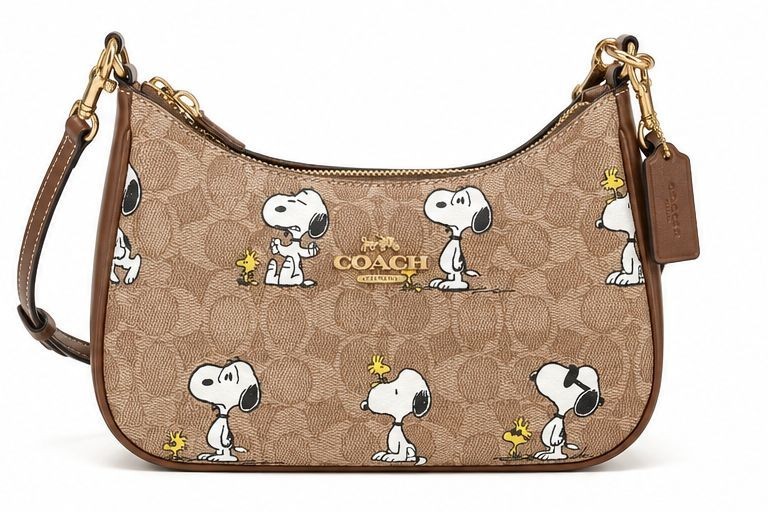 COACH x PEANUTS Teri Shoulder Bag Tan Brown Snoopy Print Signature Canvas CBJ88