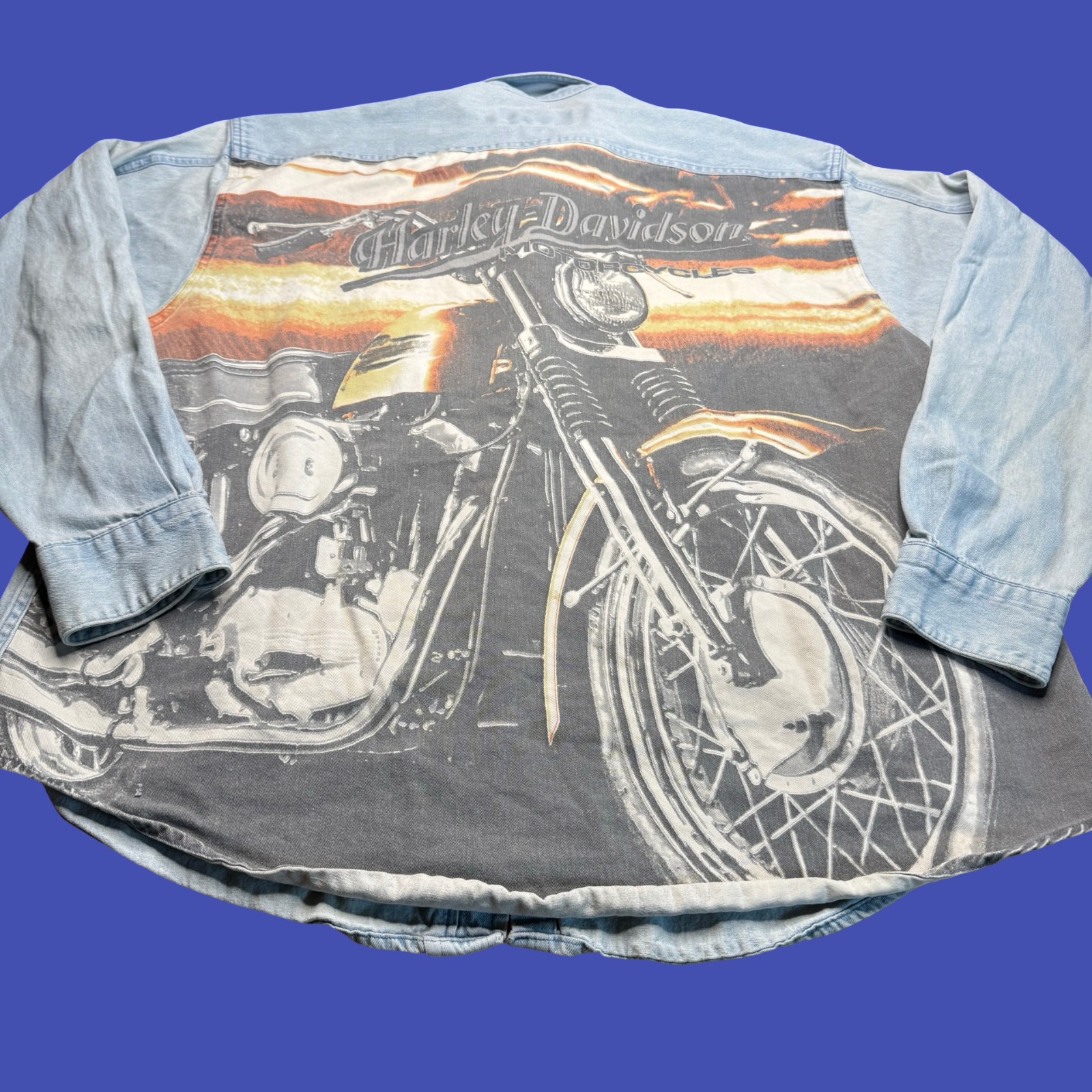 Harley-Davidson Denim Shirt Blue Motorcycle Biker Graphic Button Down Distressed