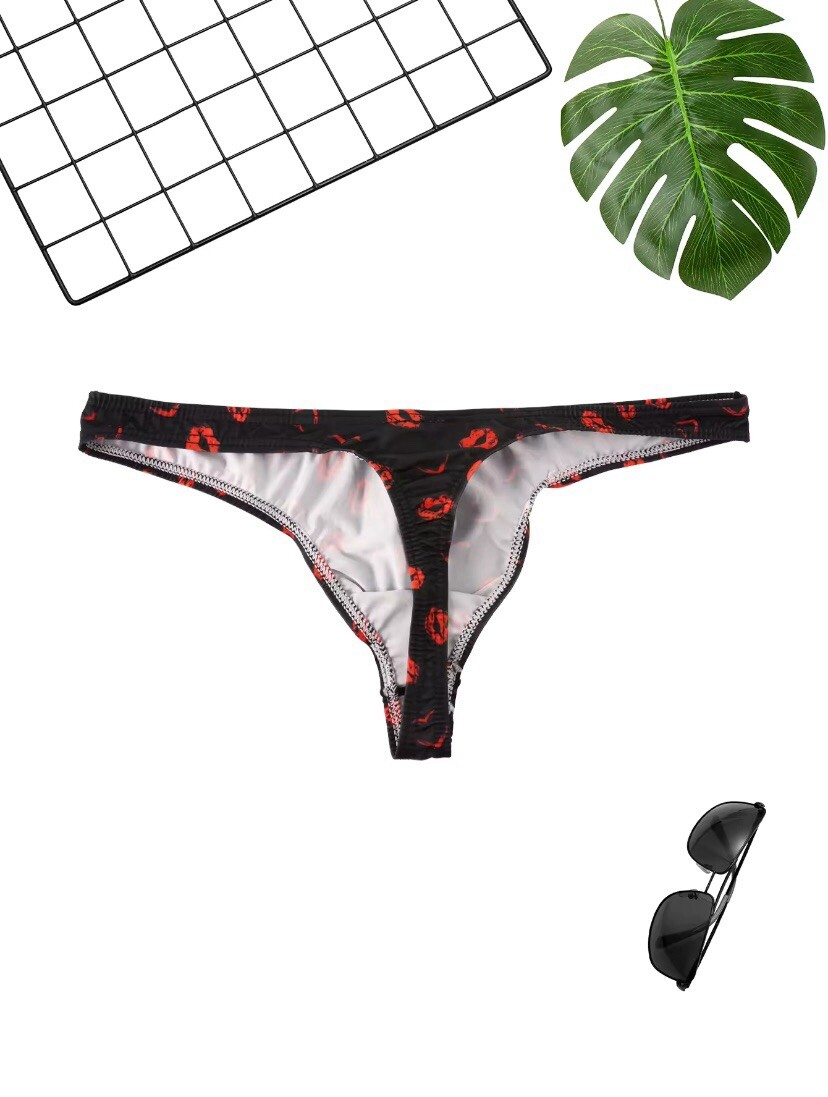 Mens Kiss Pattern Black Thong. Size XL (See Details)