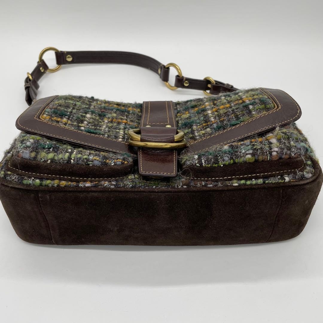 COACH 8F18 Shoulder Bag Handbag Wool Leather Suede Multicolor Brown Green Blue