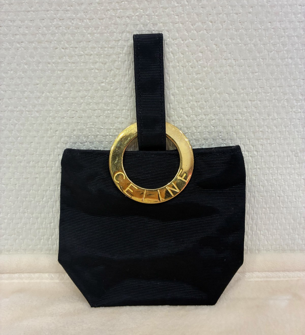 CELINE Mini Pouch Bag Black Nylon Ring Handle Authentic