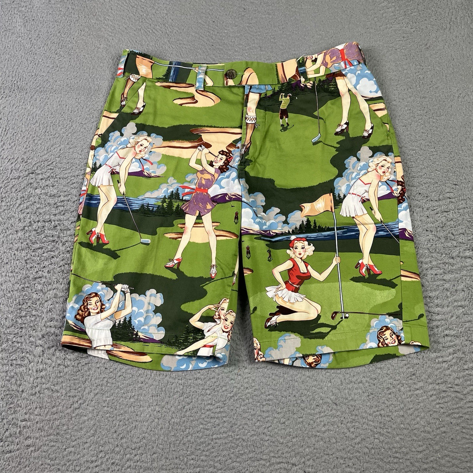 Loudmouth Shorts Mens 34 Green Retro Pin Up Girls Golf Activewear Chino